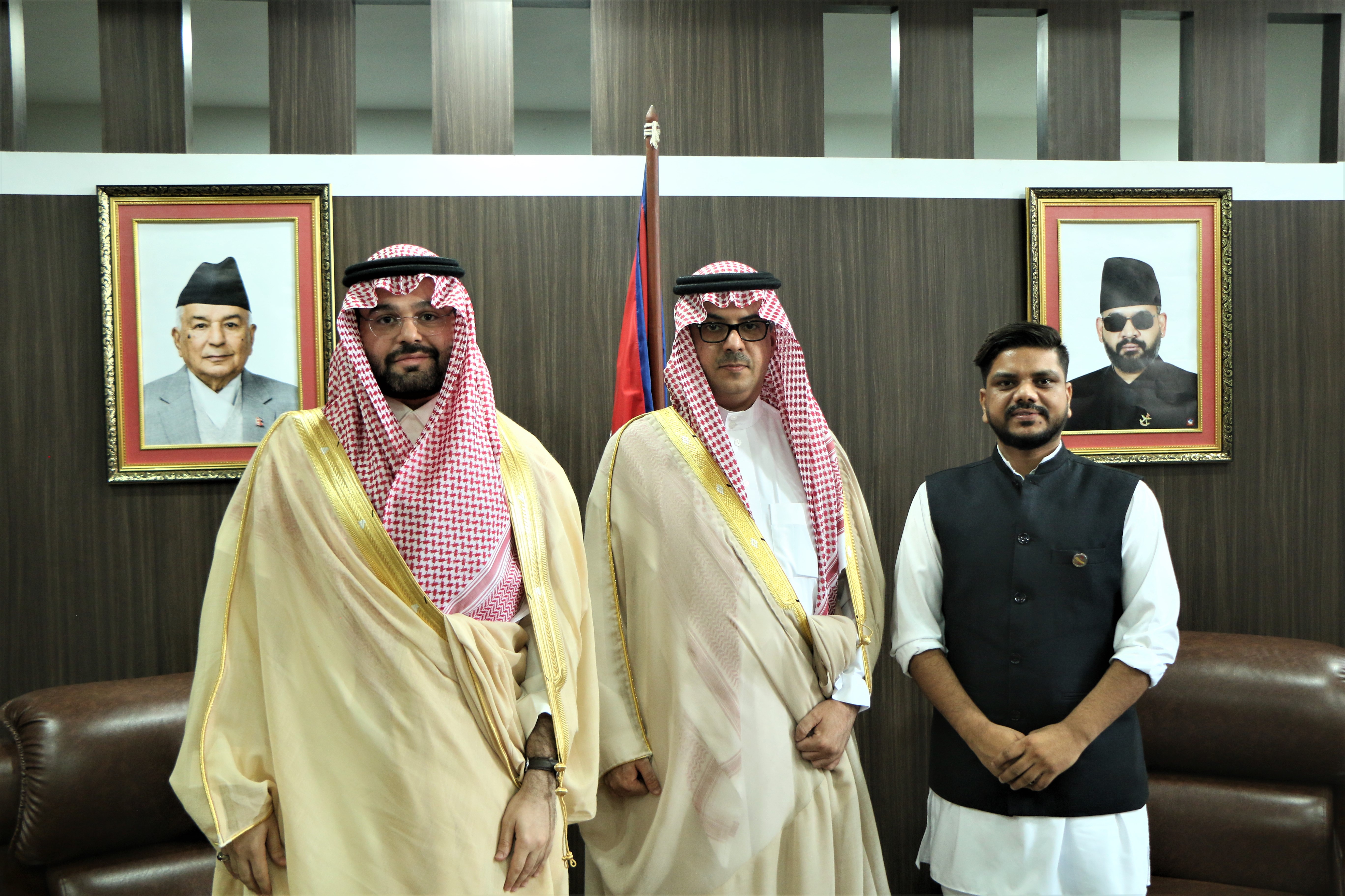 A courtesy meeting was held between the Honorable Minister for Labor, Employment and Social Security, Ramjee Yadav and His Excellency Fahd Mohammad A Mnikhr, the Ambassador of Kingdom of Saudi Arabia to Nepal & First Secretary Mr. AdulRahman K. Ghoshom on various matters on labor migration relations between Nepal and Saudi Arabia.