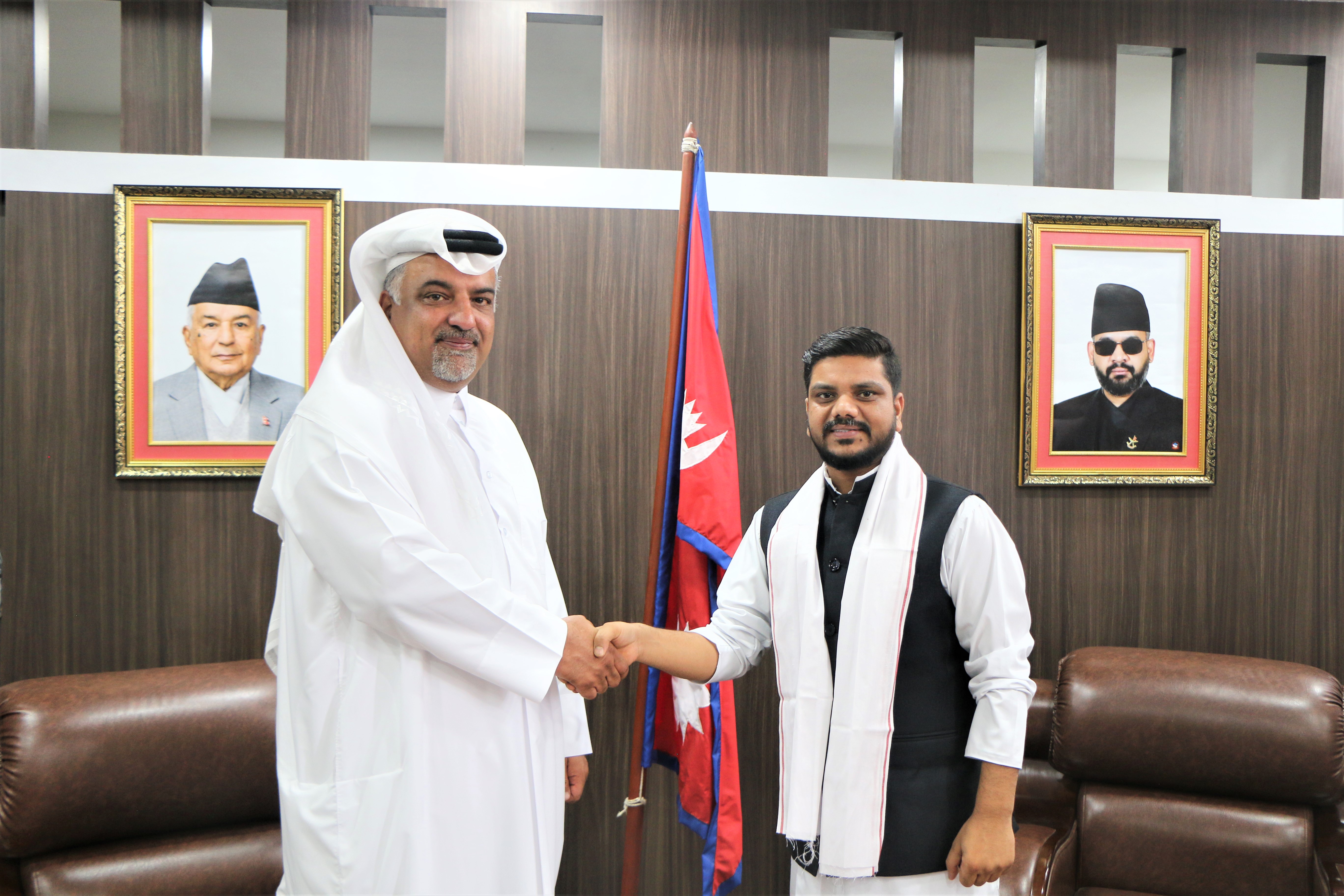 A courtesy meeting was held between the Honorable Minister for  Youth, Labour and Employment, Ramjee Yadav and His Excellency Mishal Mohammed Ali Alansari, the Ambassador of the State of Qatar to Nepal.