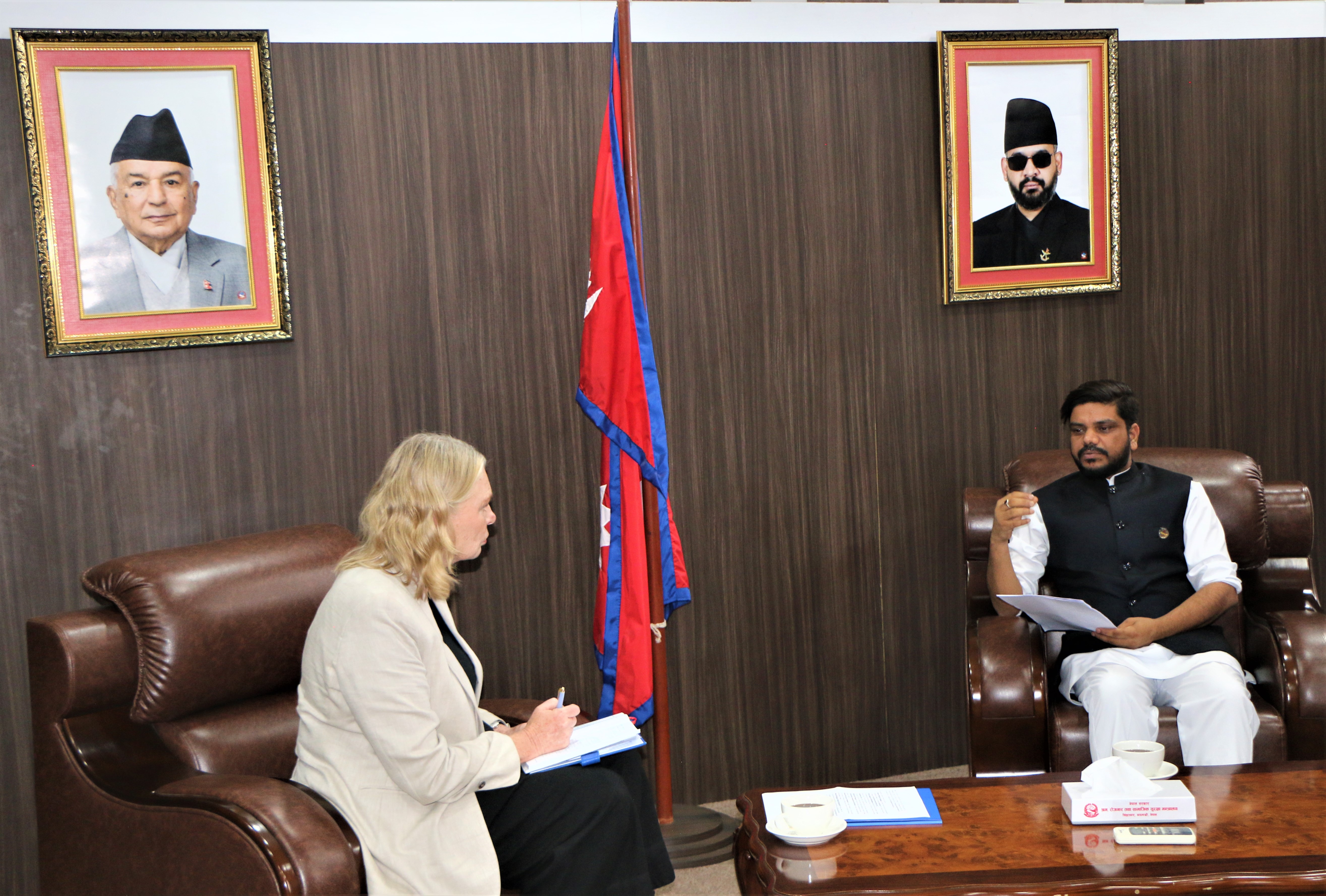 Courtesy meeting and discussion between the Honorable Minister for Labour, Employment and Social Security, Ramjee Yadav, and  Chief of Mission, IOM Ms. Helen Fors, on issues related to safe, orderly, and regular labor migration.