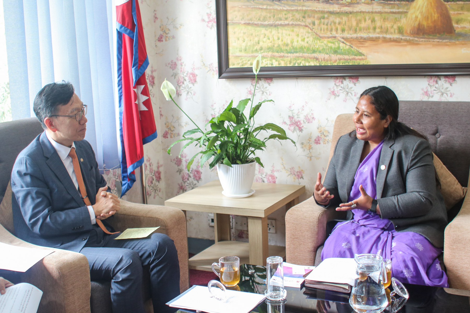 The Republic Korean Ambassador to Nepal, H.E. Mr. PARK Tae-Young, pays courtesy call on Hon'ble Minister for Agriculture, Forest and Environment  Gita Chaudhary at the Ministry.    माननीय  कृषि,वन तथा पर्यावरण मन्त्री गीता चौधरीज्यू  संग नेपालका लागि कोरियाका राजदूत महामहिम पार्क तेयोङ्गले  मन्त्रालयमा गर्नुभएको शिष्टाचार भेटघाट।