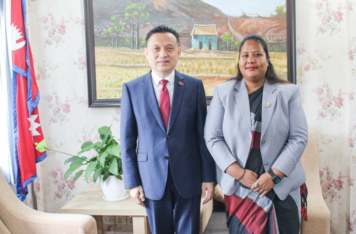 Chinese Ambassador to Nepal His Excellency  H.E  Mr. Zhang Maoming, pays courtesy call on Hon'ble Minister for Agriculture, Forest and Environment  Gita Chaudhary at the Ministry.   माननीय  कृषि,वन तथा पर्यावरण मन्त्री गीता चौधरीज्यूसंग संग नेपालका लागि चीनका राजदूत  महामहिम Mr. Zhang Maoming, ले मन्त्रालयमा गर्नुभएको शिष्टाचार भेटघाट।