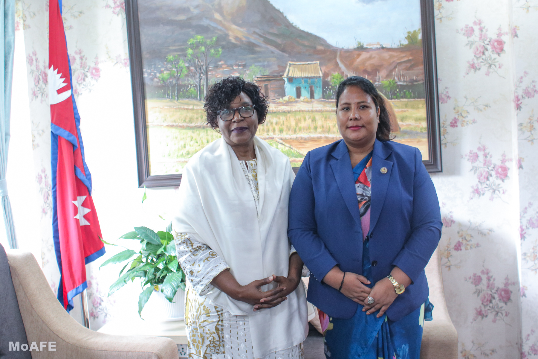 UNICEF Representative, Ms . Alice Akunga, pays courtesy call on Hon'ble Minister for Agriculture, Forest and Environment  Gita Chaudhary at the Ministry.  माननीय  कृषि,वन तथा पर्यावरण मन्त्री गीता चौधरीज्यूसंग संग UNICEF Representative, Ms . Alice Akunga,ले मन्त्रालयमा गर्नुभएको शिष्टाचार भेटघाट।