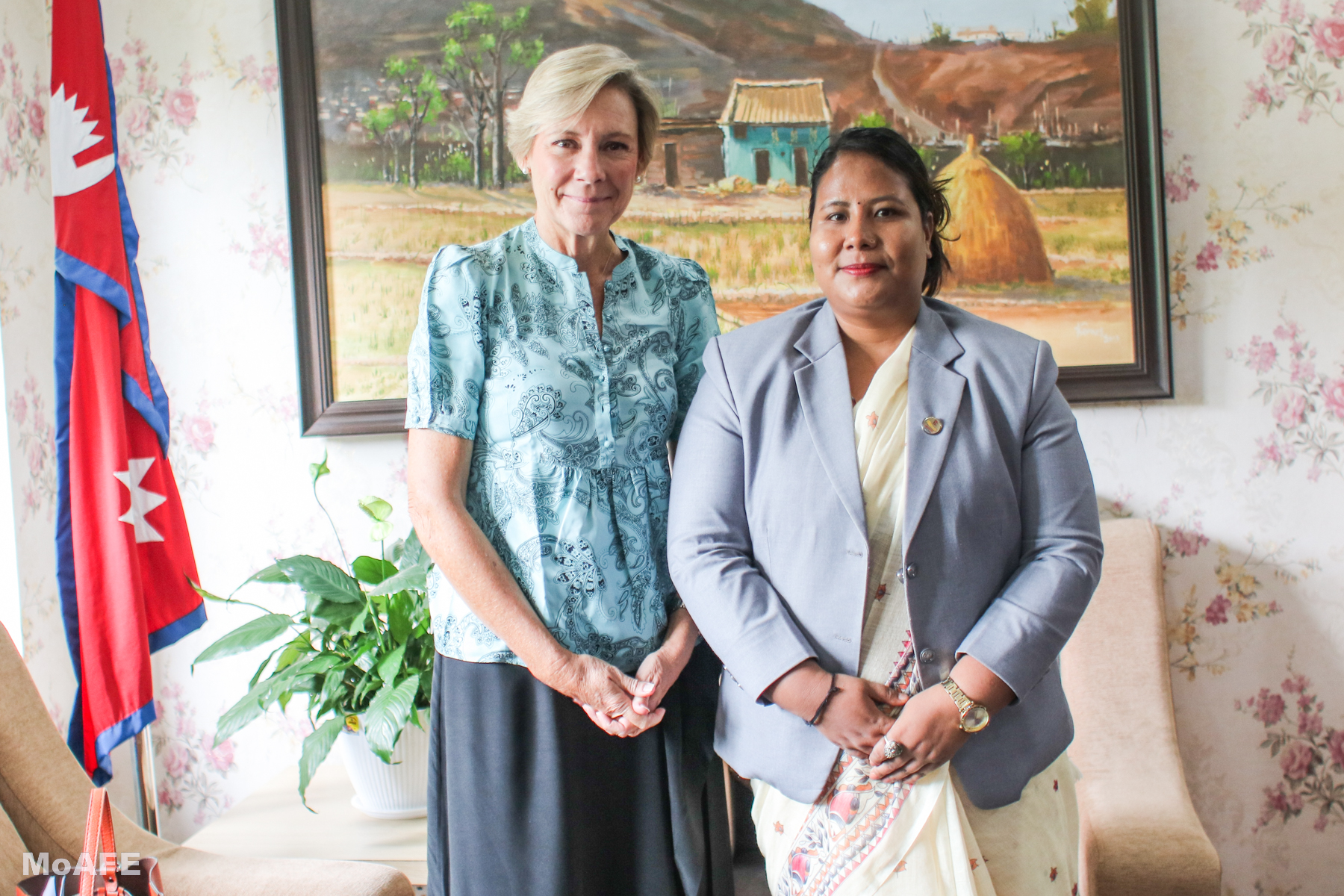 EU Ambassador to Nepal, H.E. Véronique Lorenzo pays courtesy call on Hon'ble Minister for Agriculture, Forest and Environment  Gita Chaudhary at the Ministry.  माननीय  कृषि,वन तथा पर्यावरण मन्त्री गीता चौधरीज्यूसंग नेपालका लागि युरोपेली संघकी राजदूत महामहिम भेरोनिक लोरेन्जोले  मन्त्रालयमा गर्नुभएको शिष्टाचार भेटघाट।