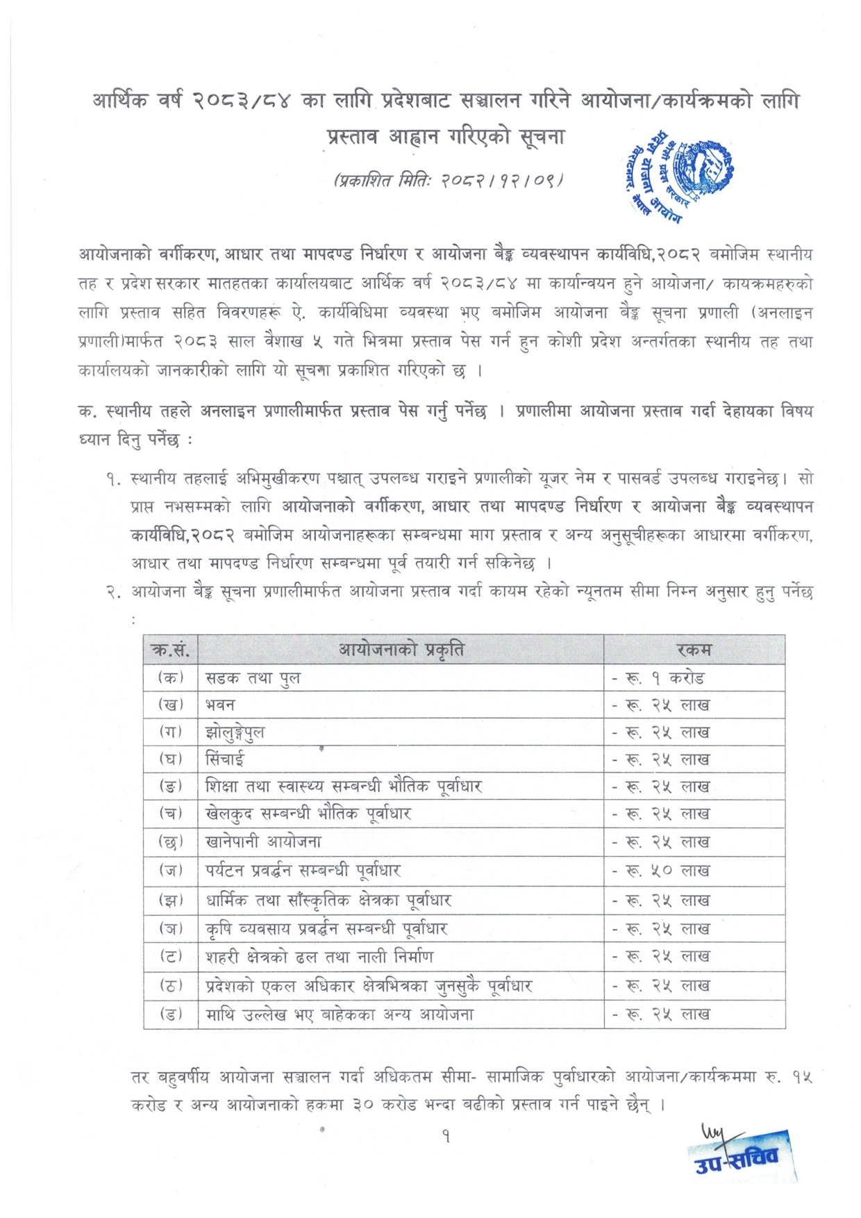 आर्थिक वर्ष २०८३/८४ का लागि प्रदेशबाट सञ्चालन गरिने आयोजना कार्यक्रमको लागि प्रस्ताव आह्वान गरिएको सूचना