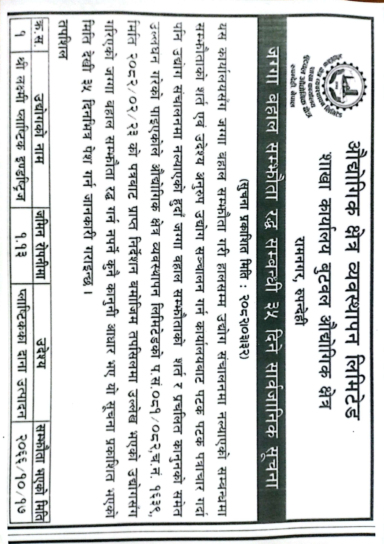 जग्गा बहाल सम्झौता रद्ध सम्बन्धी ३५ दिने सार्वजनिक सूचना प्रकाशित मिति २०८२।०३।३२ गते