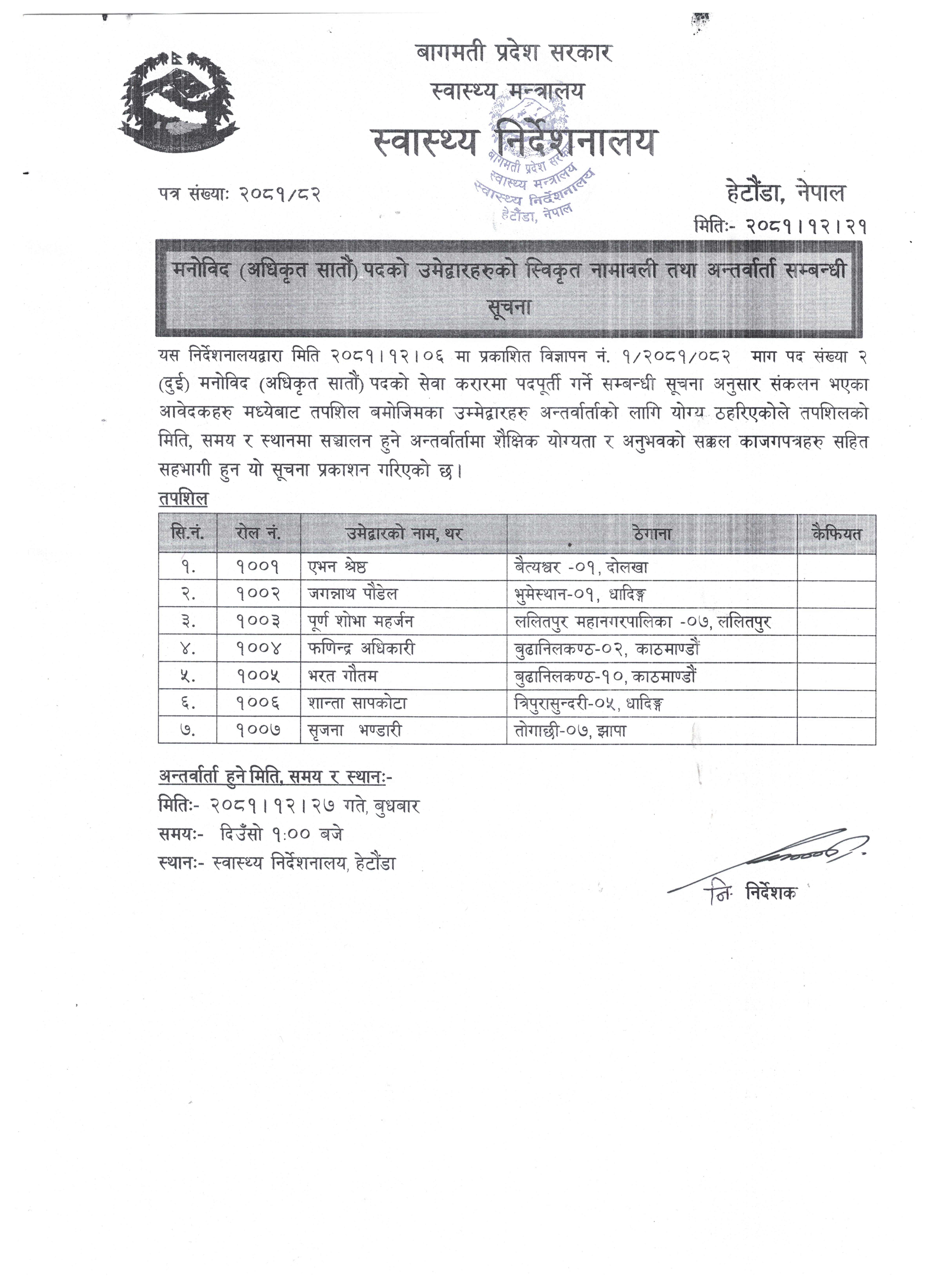 मनोविद स्विकृत नामावली तथा अन्तर्वार्ता