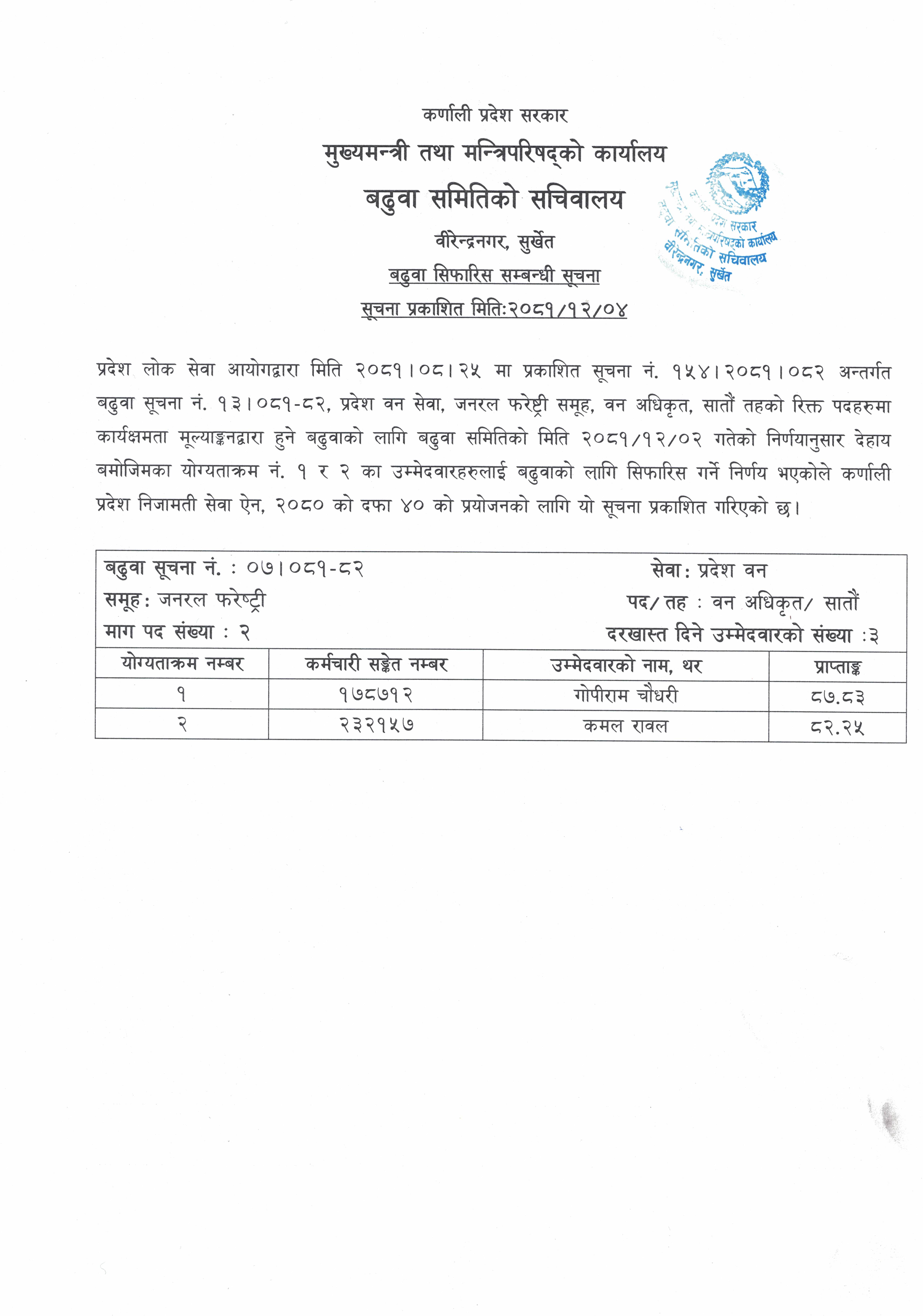 कार्यक्षमता मूल्याङ्कनद्धारा हुने बढुवा सिफारिस सम्बन्धी सूचना ( प्रदेश वन, जनरल फरेष्ट्री सातौ तह)