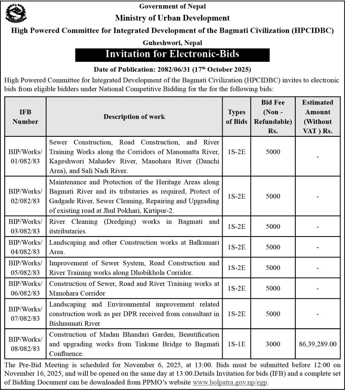 Invitation for Electronic-Bids BIP/Works/01-2-3-4-5-6-7-8 082/83
