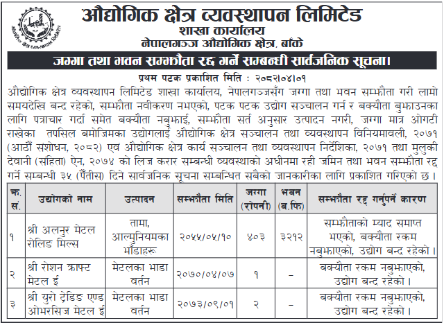 जग्गा तथा भवन सम्झौता रद्द गर्ने सम्बन्धी सार्वजनिक सूचना मिति २०८२।०४।०१ गते