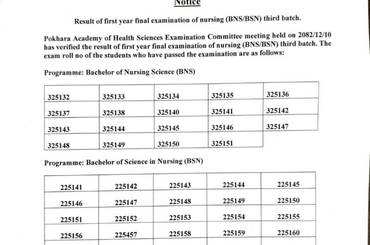 तेस्रो ब्याच नर्सिङ (BNS / BSN) प्रथम वर्षको अन्तिम परीक्षाको नतिजा प्रकाशन गरिएको सूचना - img