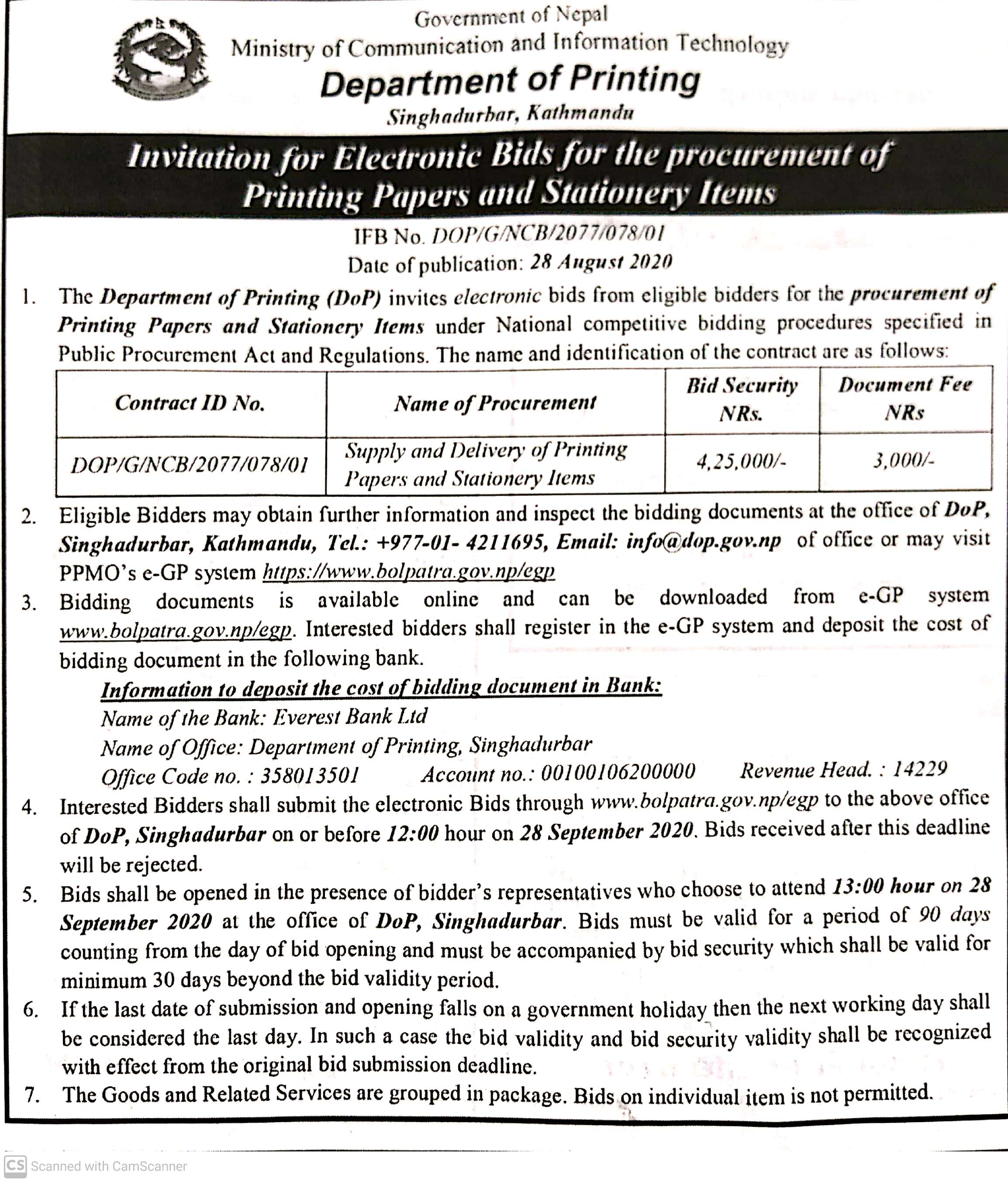 Invitation for Electronic Bids IFB No. DOP/G/NCB/2077-78/01