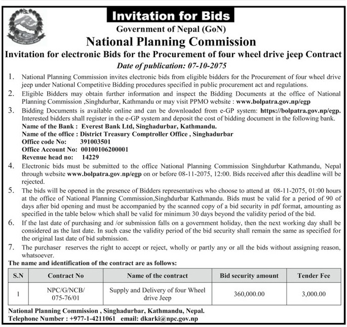 Invitation for electronic Bids for the Procurement of four wheel drive jeep Contract (First date of publication 2075/10/07)
