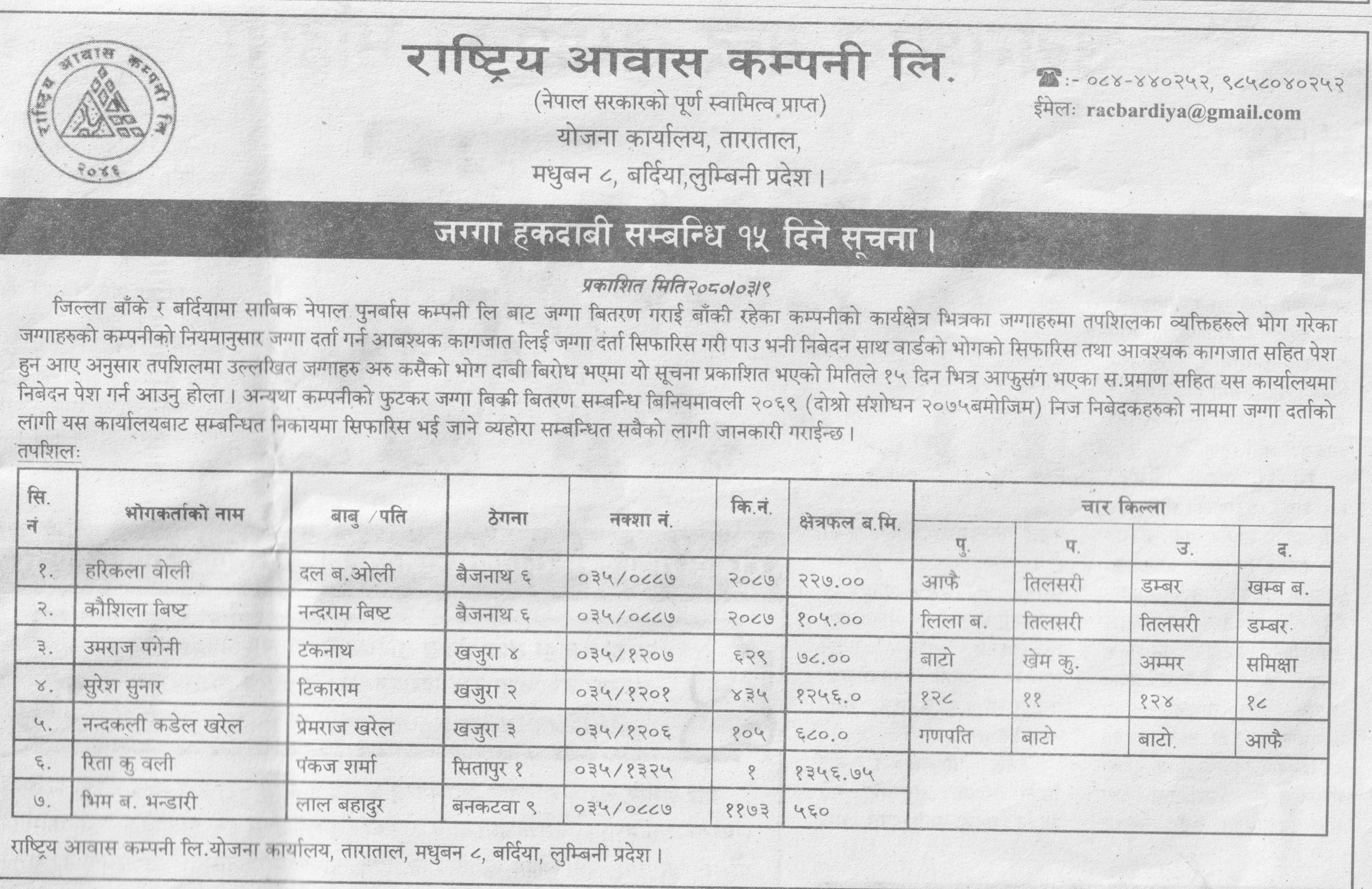 योजना कार्यालय बर्दिया को जरुरी सुचना