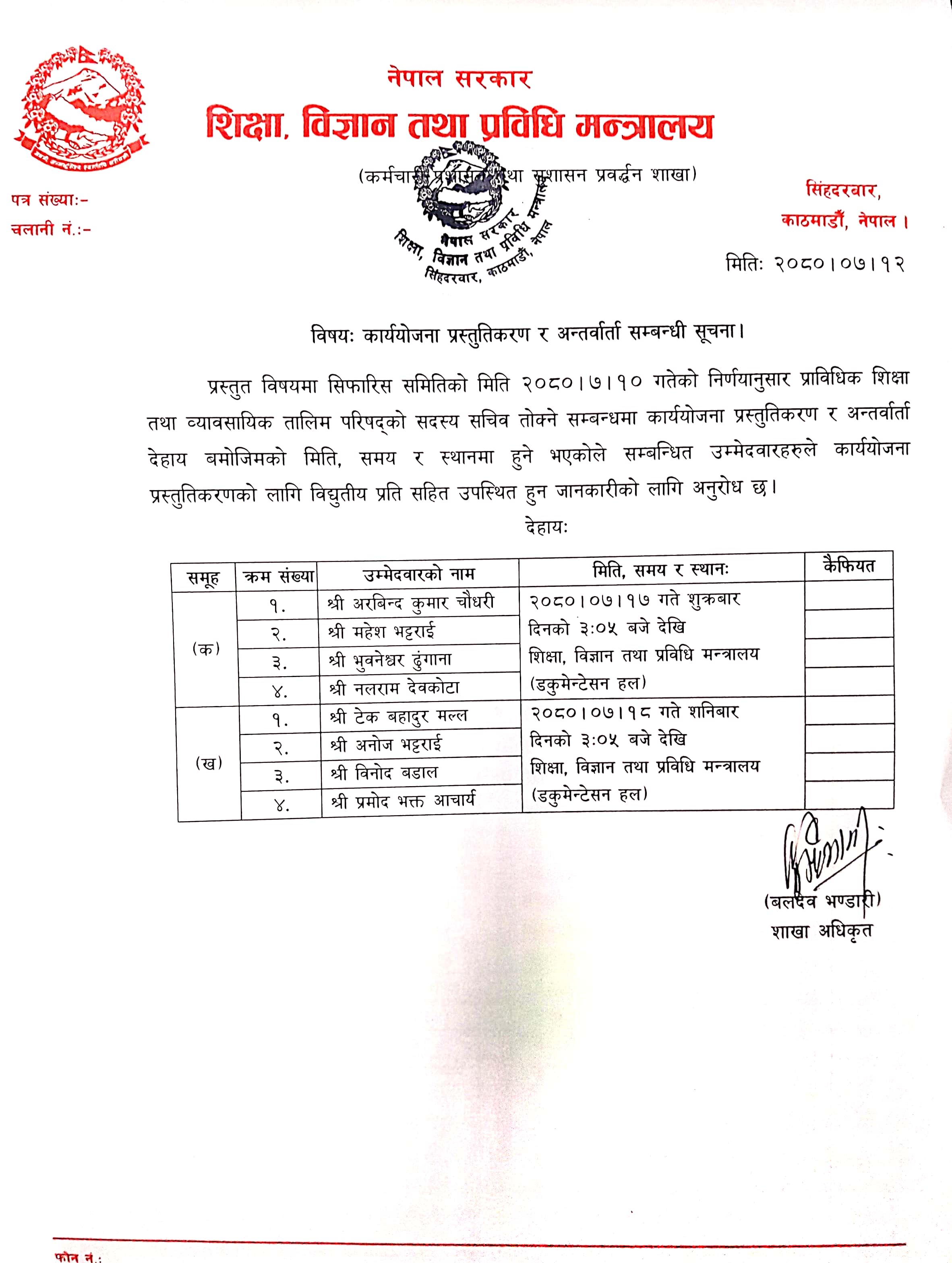 कार्ययोजना प्रस्तुतिकरण र अन्तर्वार्ता सम्बन्धी सूचना