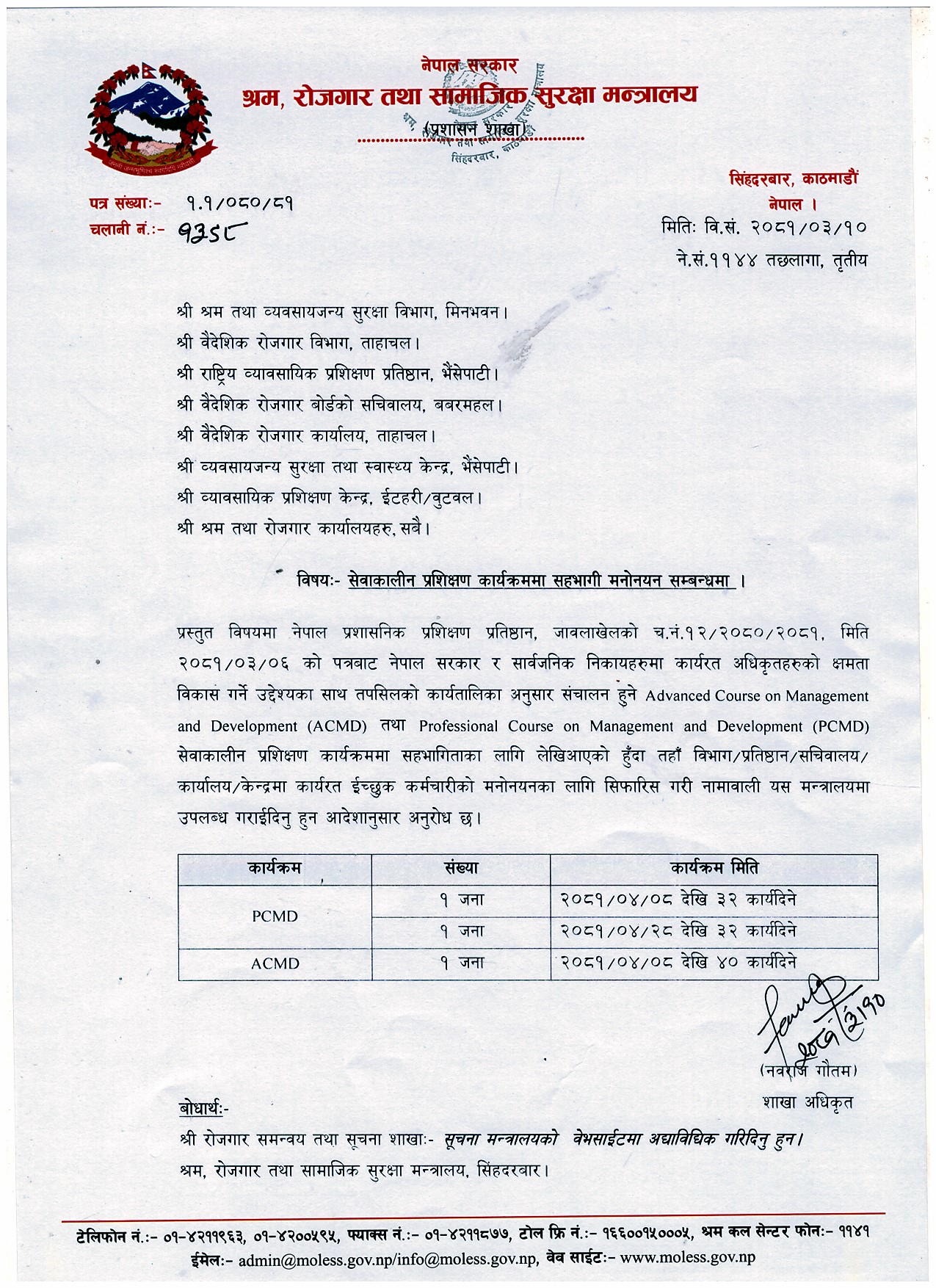 सेवाकालीन प्रशिक्षण कार्यक्रममा सहभागी मनोनयन सम्बन्धमा