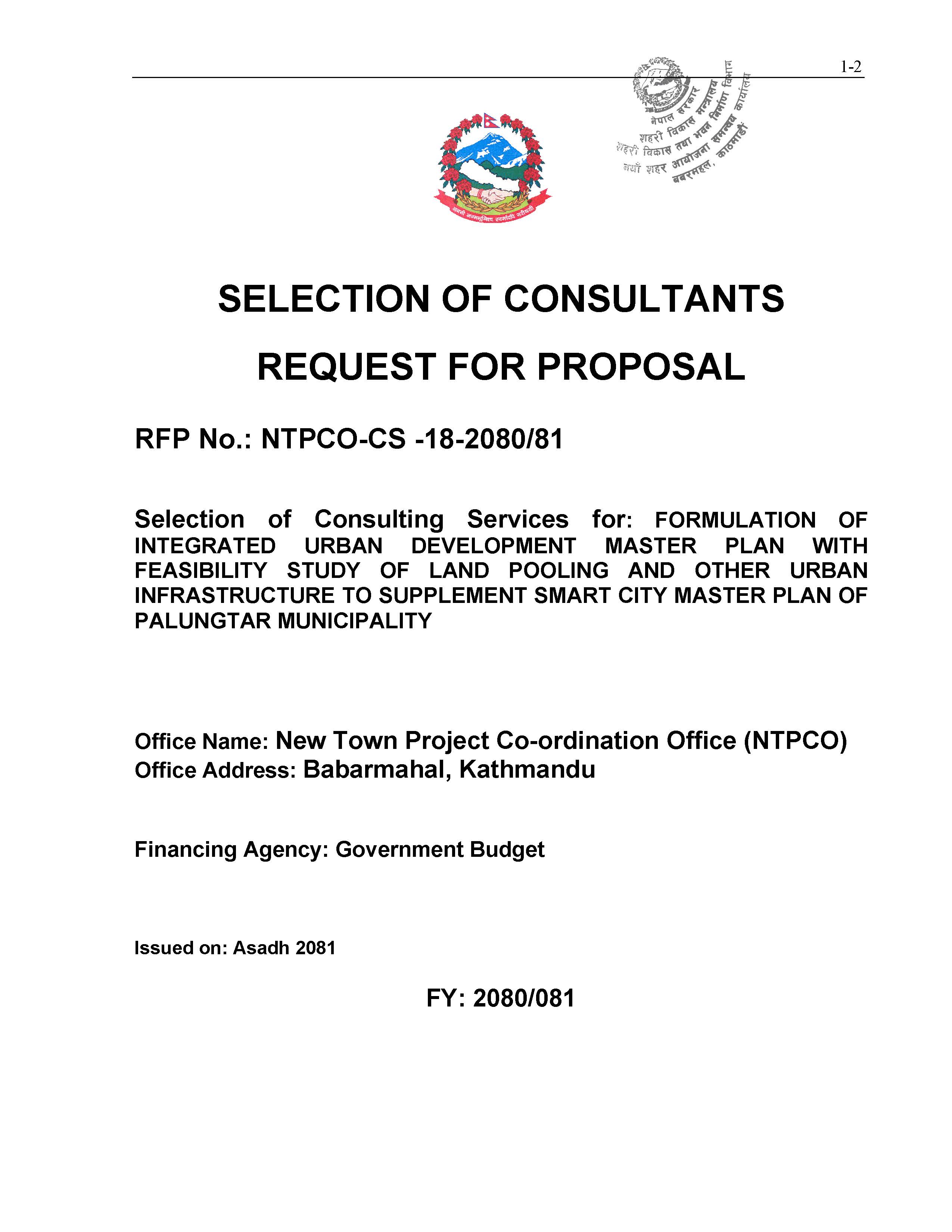 SELECTION OF CONSULTANTS  REQUEST FOR PROPOSAL, RFP No.: NTPCO-CS -18-2080/81