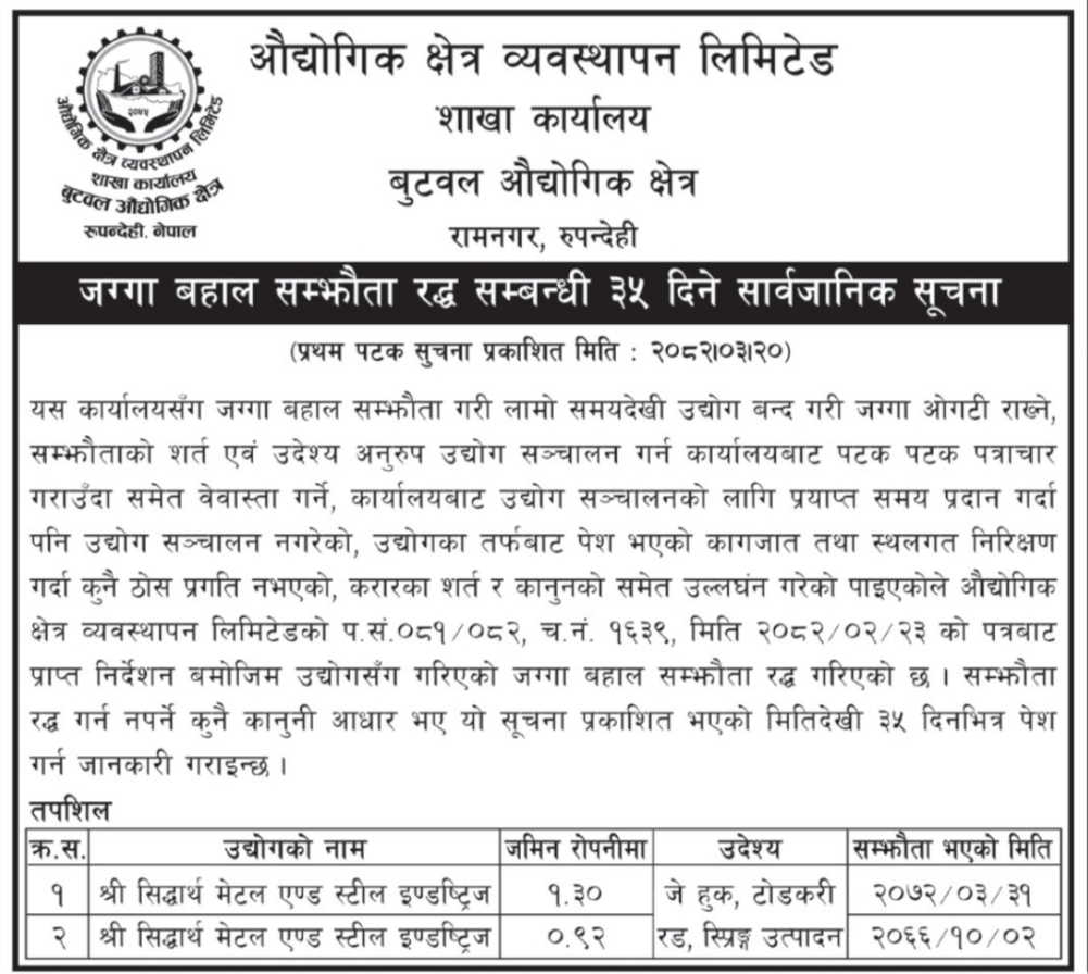 जग्गा बहाल सम्झौता रद्द सम्बन्धी ३५ दिने सार्वजनिक सूचना