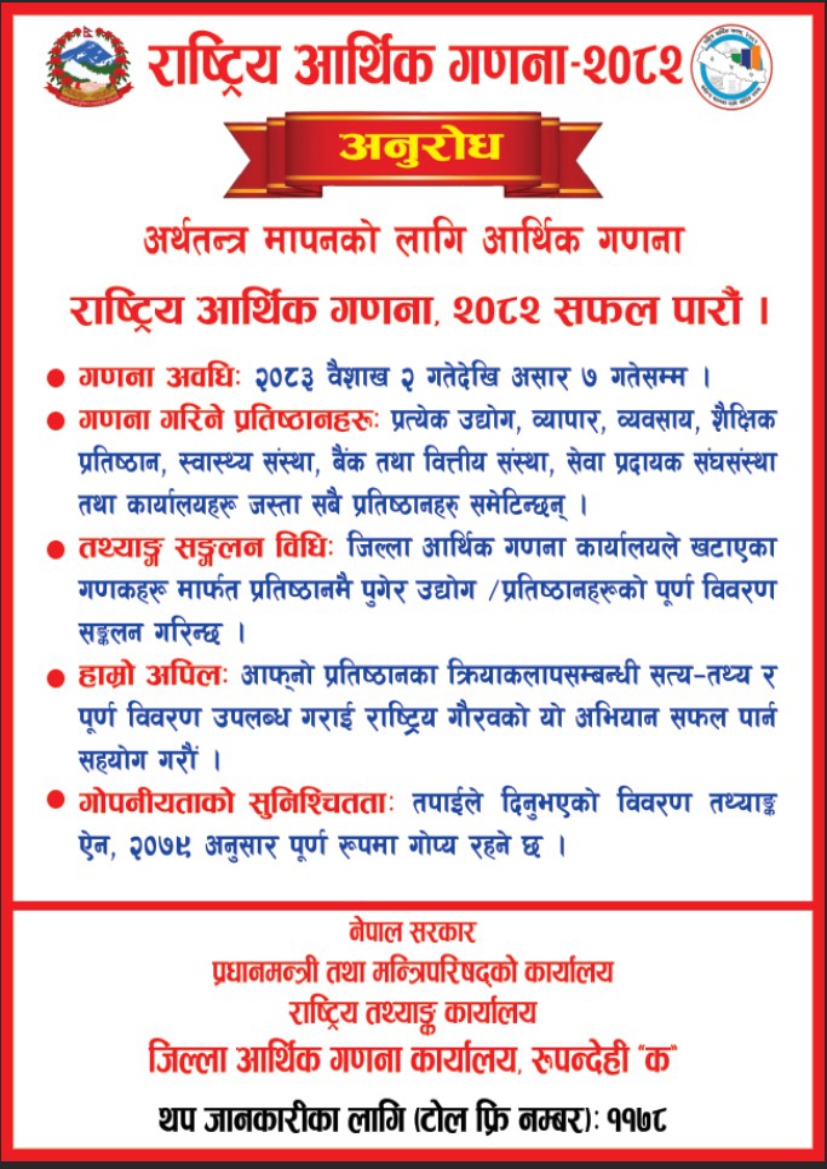 राष्ट्रिय आर्थिक गणना २०८२ सम्बन्धी सूचना