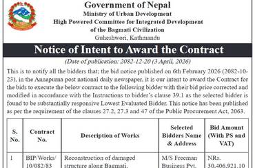 समाचार चित्र Notice of Intent to Award the Contract BIP/Works/10/082/83