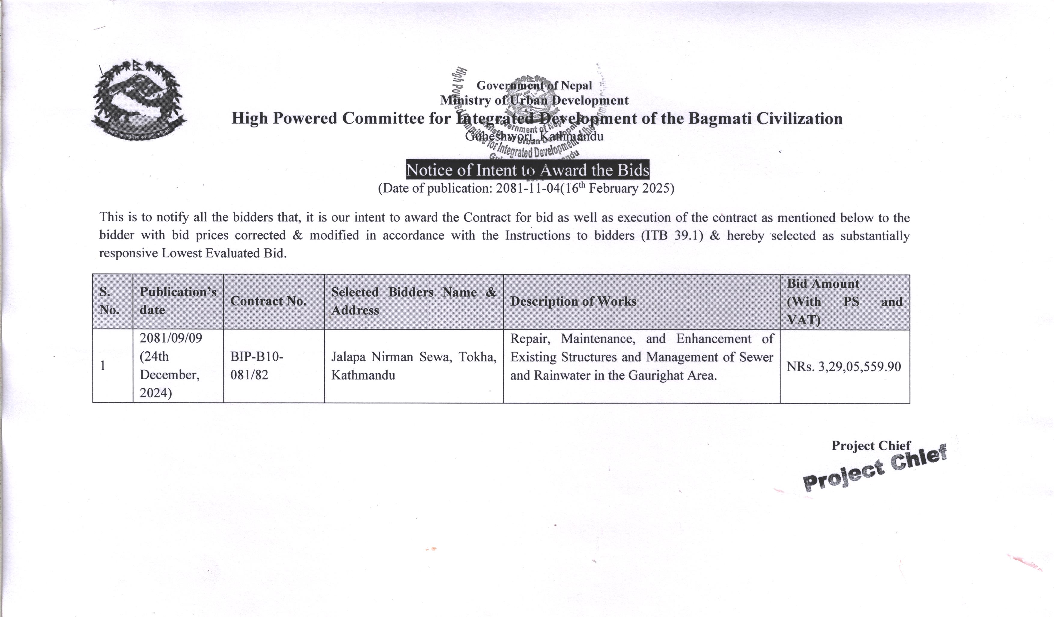 Notice of Intent to Award the Bids 2081/11/04