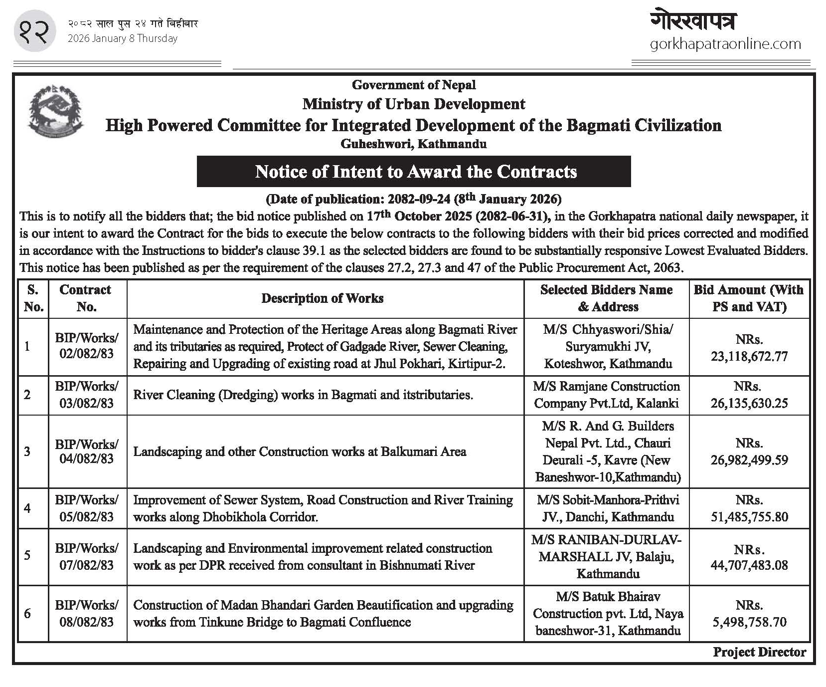 Notice of Intent to Award the Contracts BIP/Works-02/03/04/05/07/08/-082/83
