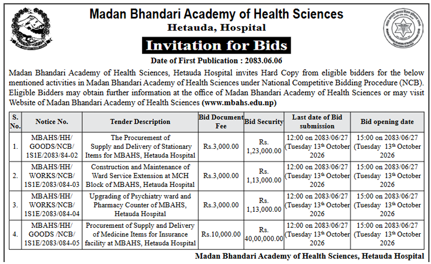 Notice Number: 40- Invitation for Bids (Date: 2083-06-06)