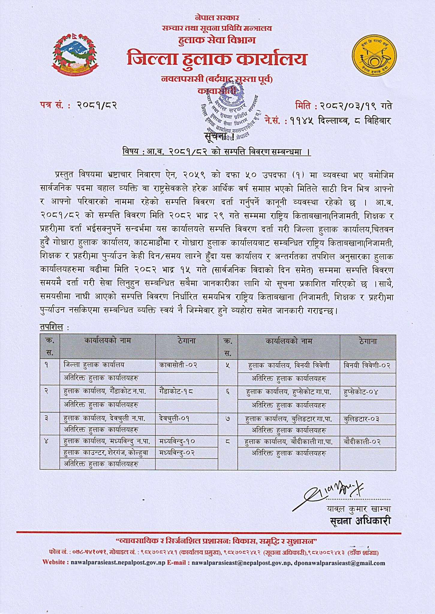 आ.व. २०८१/८२ को सम्पत्ति विवरण सम्बन्धी सूचना !