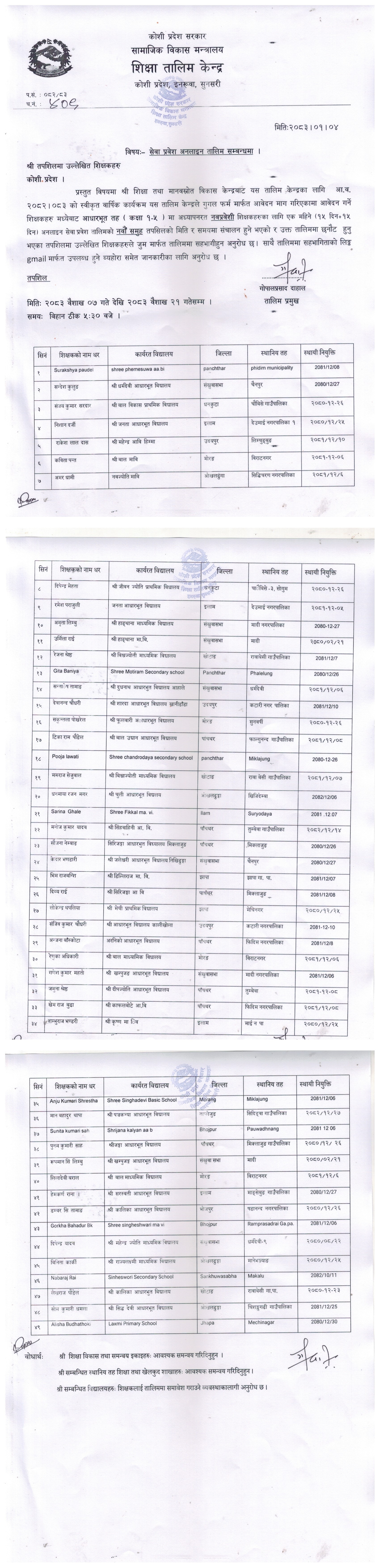 नवप्रवेशी शिक्षकहरुको आधारभुत तह (कक्षा १-५) १ महिने अनलाइन सेवा प्रवेश तालिम सम्वन्धी जानकारी ।