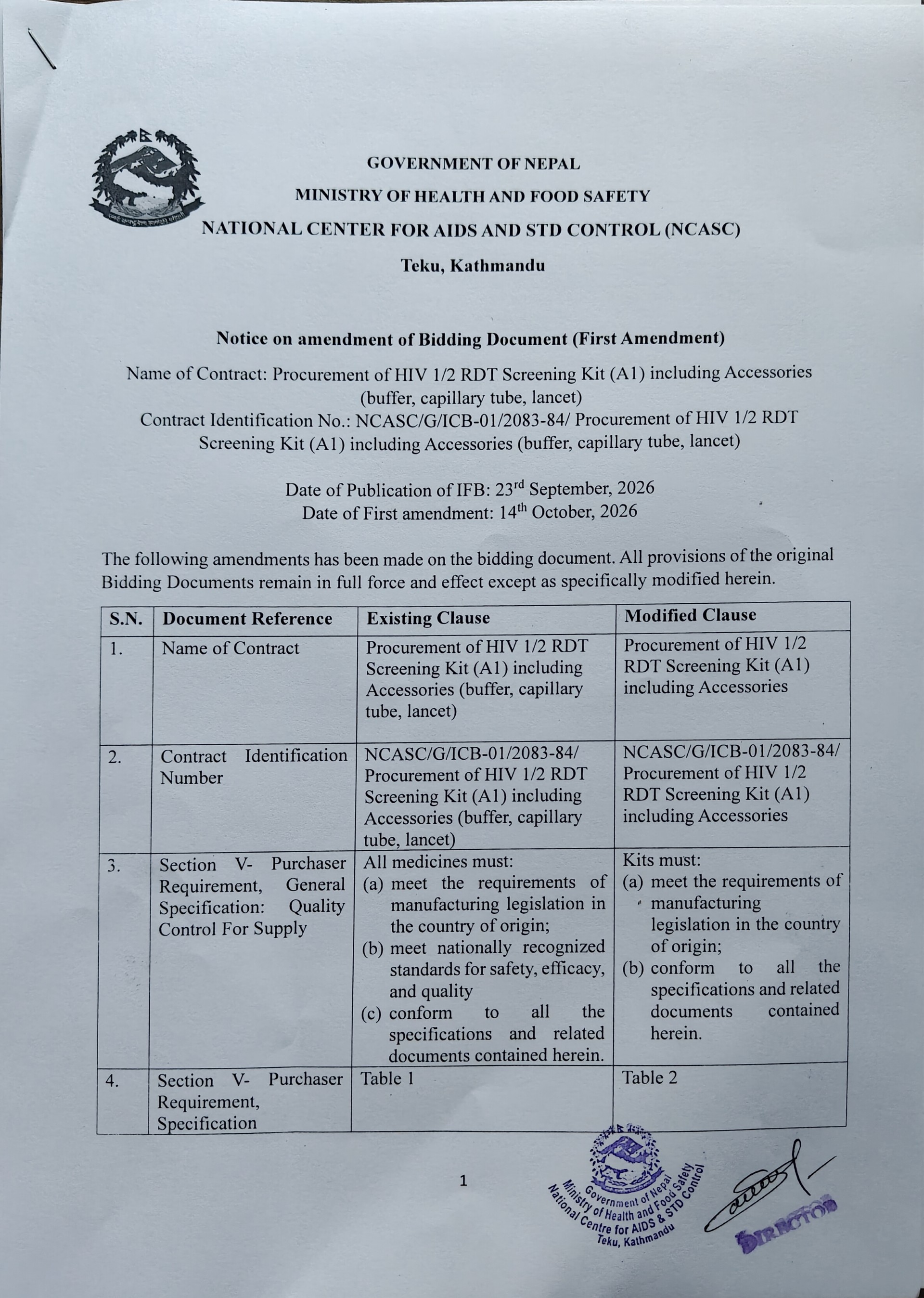 Notice on Amendment of Bidding Document (First Ammendment)