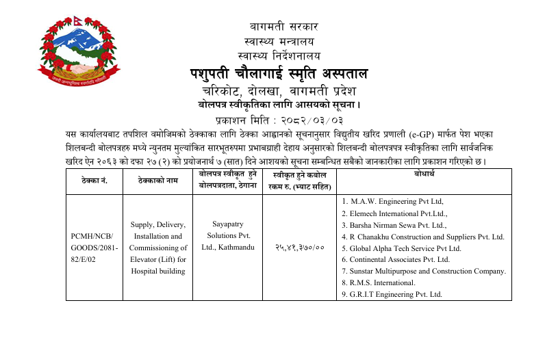 बोलपत्र स्वीकतिका लाति आसयको सूचना ।