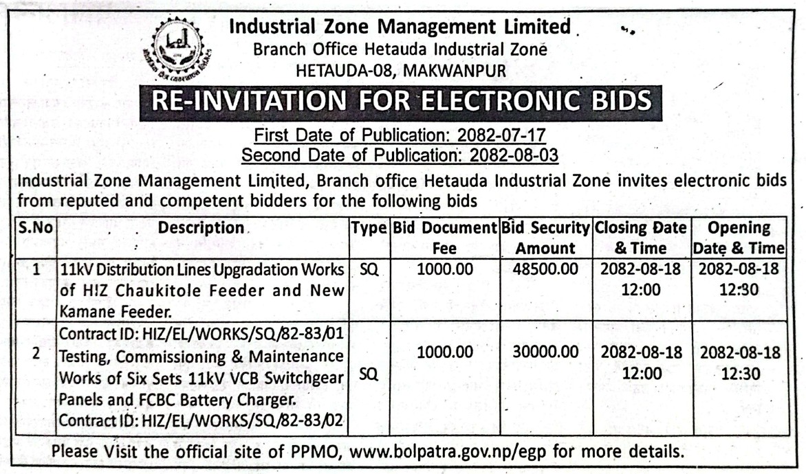 RE-INVITATION FOR ELECTRONIC BIDS Second Date Publication : 2082.08.03