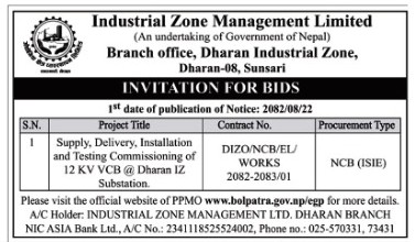 INVITATION FOR BIDS Notice Publication: 2082.08.22