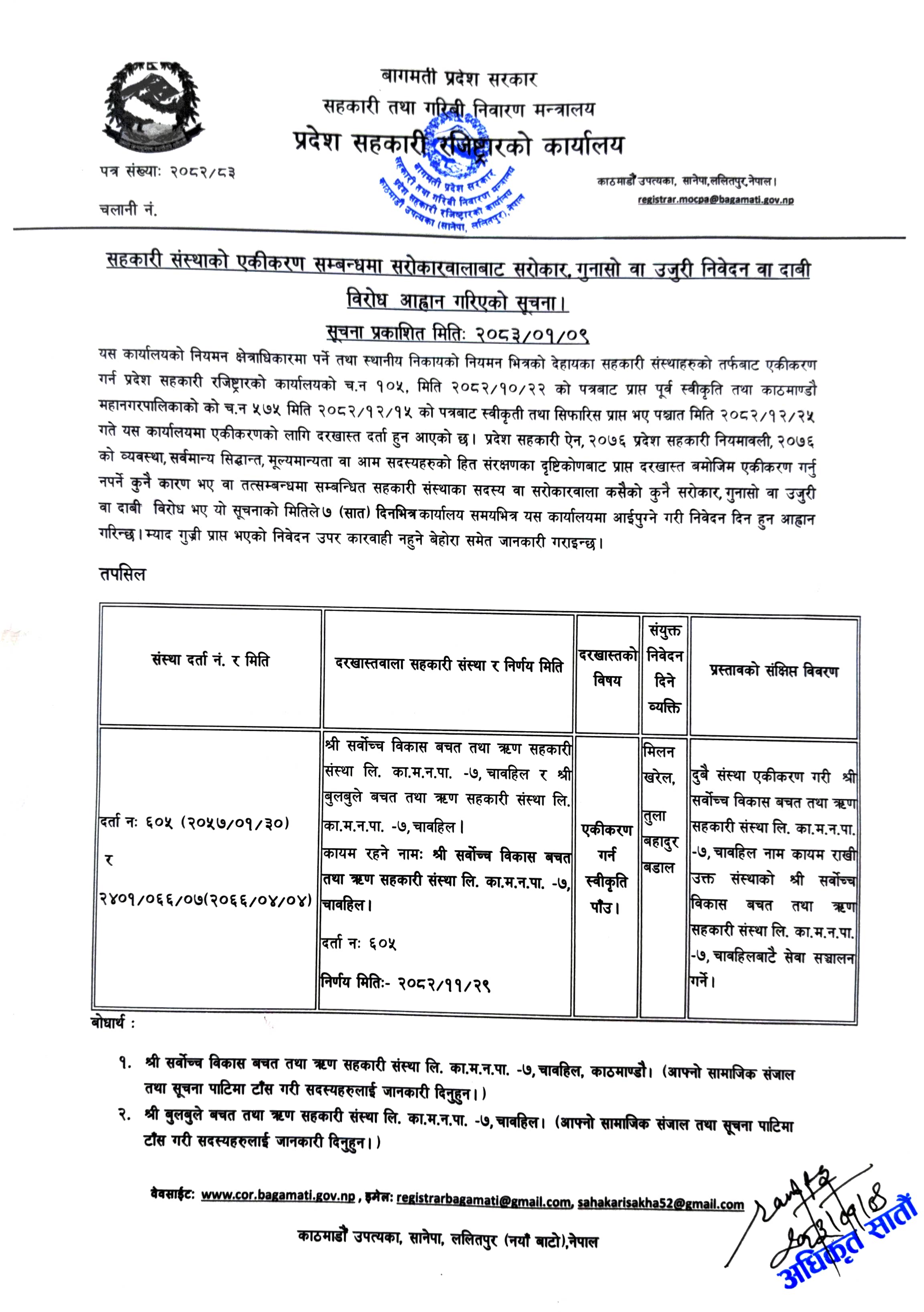 सहकारी संस्थाको एकीकरण सम्बन्धमा सरोकारवालाहरुबाट सरोकार, गुनासो वा उजुरी निवेदन वा दाबी विरोध आह्वान गरिएको सूचना। मिति 2083/01/09 - img