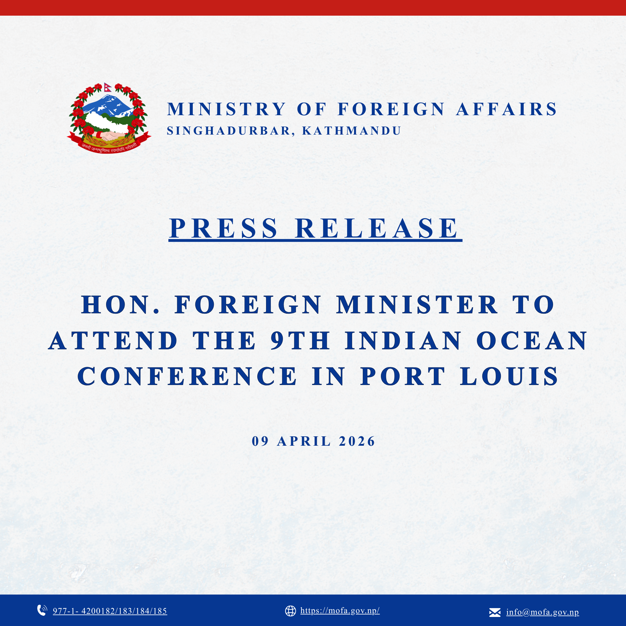 Hon. Foreign Minister to Attend the 9th Indian Ocean Conference in Port Louis