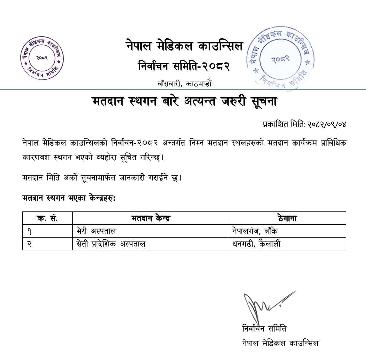 नेपाल मेडिकल काउन्सिलको मतदान स्थगन बारे सूचना