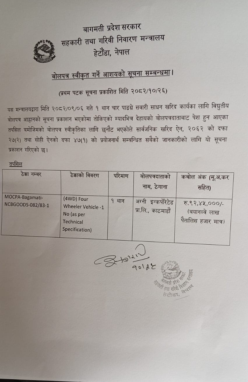 बोलपत्र स्वीकृत गर्ने सम्बन्धी आसयको सूचना सम्बन्धमा।