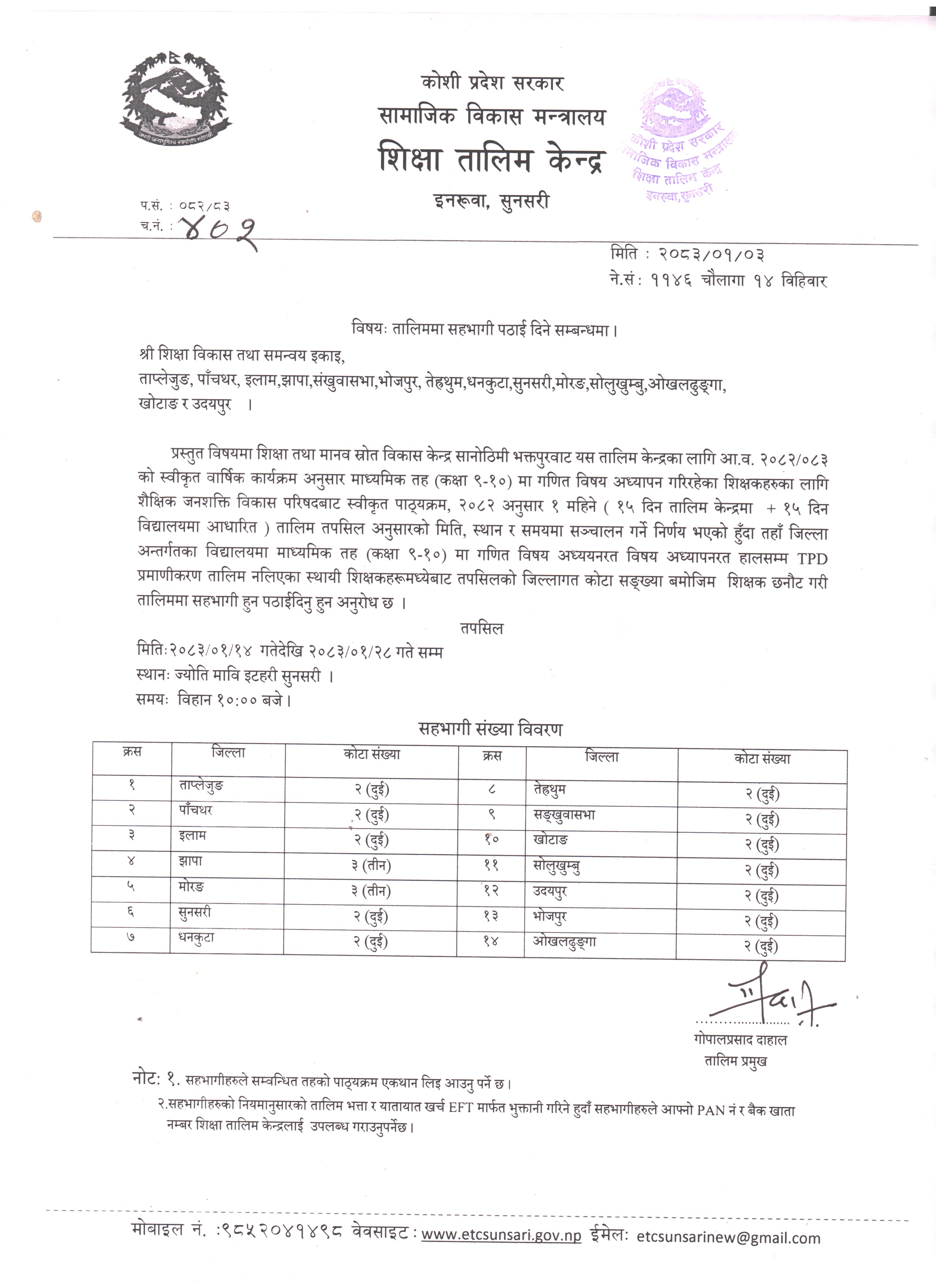 माध्यमिक तह (कक्षा ९-१० ) मा गणित विषय अध्यापनरत शिक्षकहरुका लागि १ महिने फेस टु फेस टिपिडी प्रमाणीकरण  तालिम सञ्चालन सम्वन्धी सूचना ।