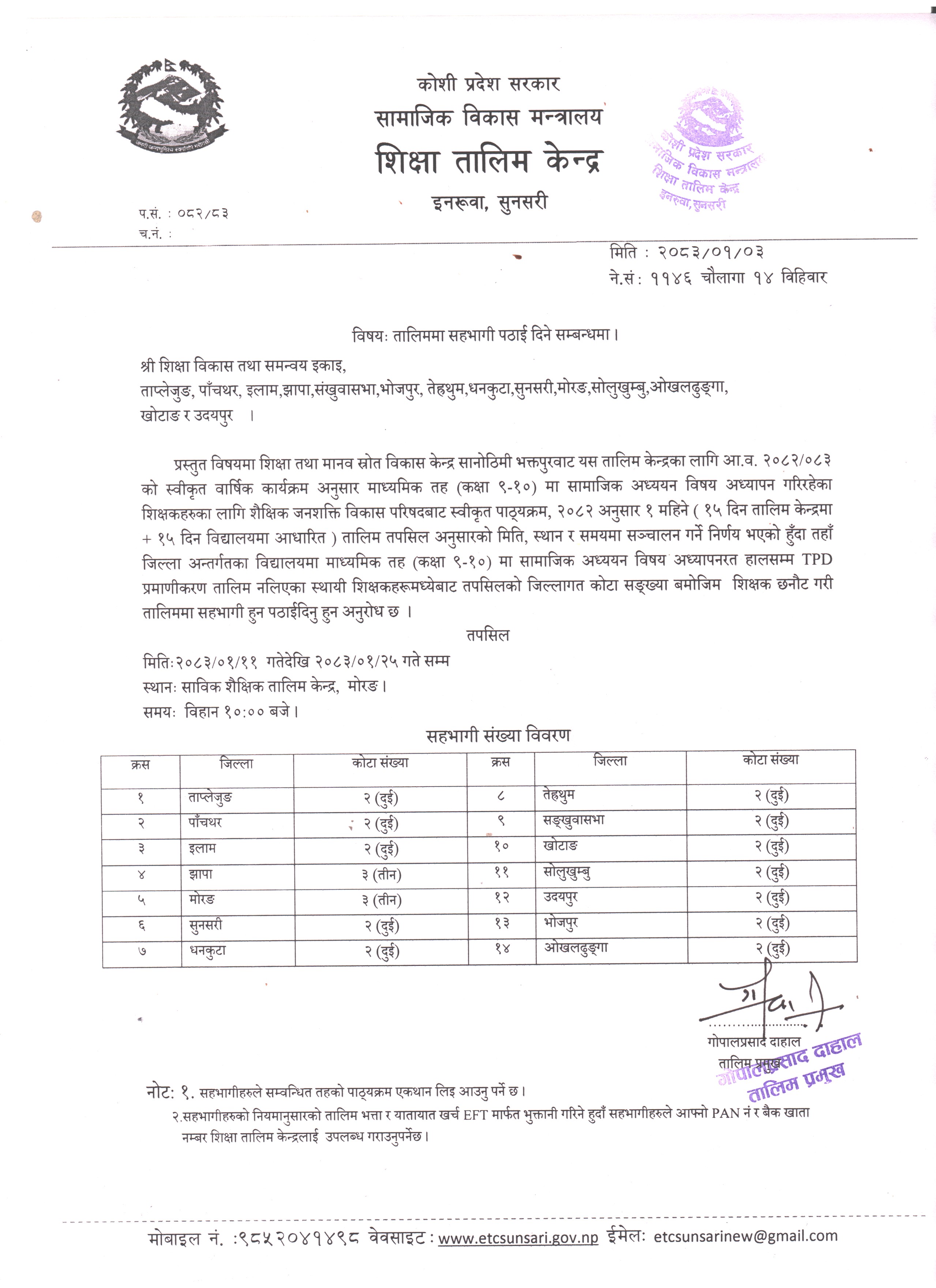 माध्यमिक तह (कक्षा ९-१० ) मा सामाजिक अध्यायन विषय अध्यापनरत शिक्षकहरुका लागि १ महिने फेस टु फेस टिपिडी प्रमाणीकरण तालिम सञ्चालन सम्वन्धी सूचना ।