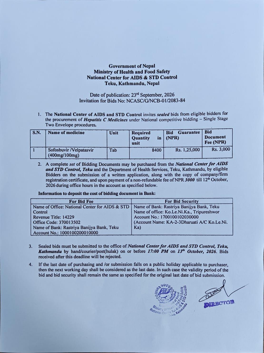 Invitation for BIDS-NCASC-G-NCB-01-2083-84- 23 September 2026