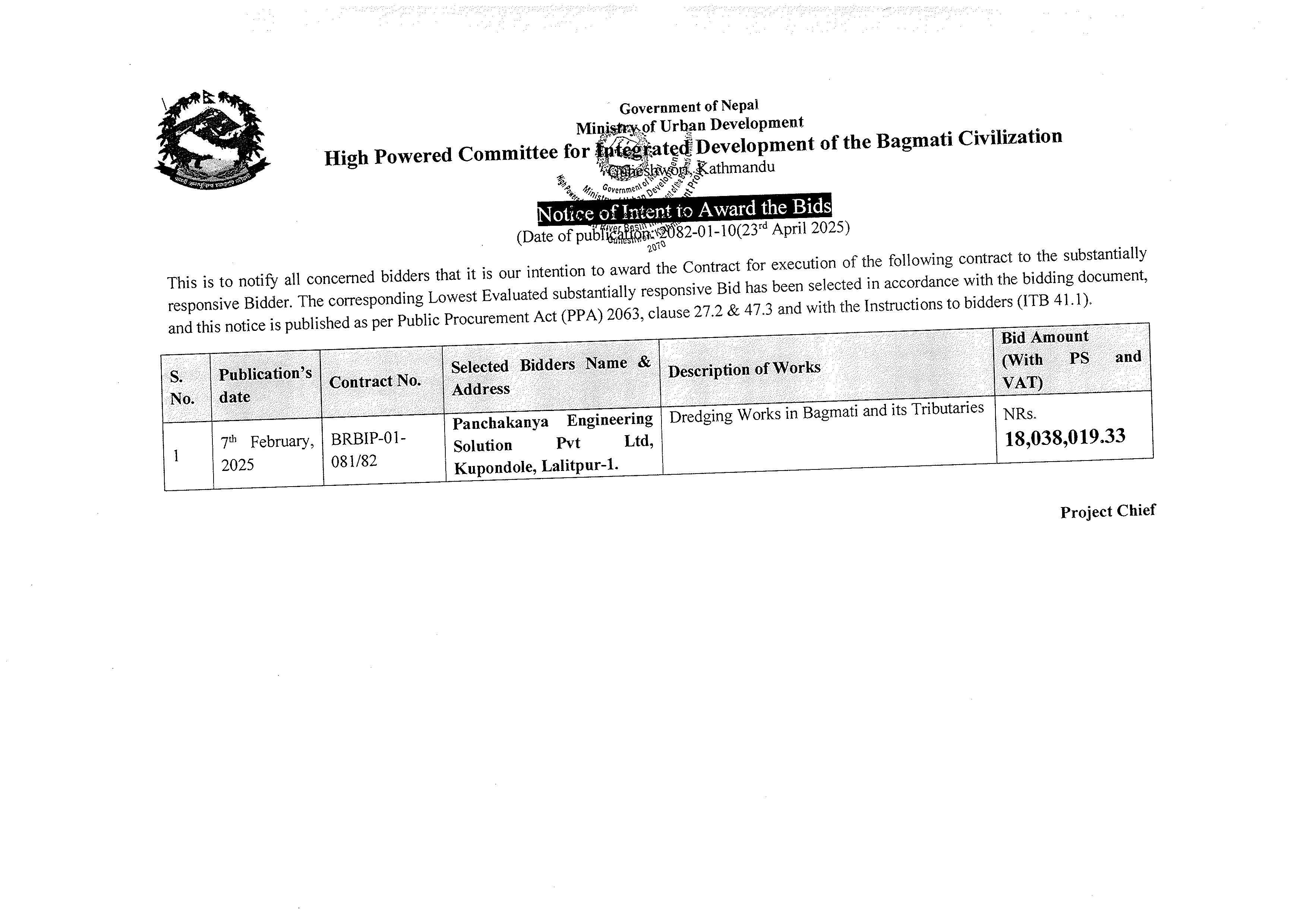 Notice of Intent to Award the Bids, BRBIP-01-081/82