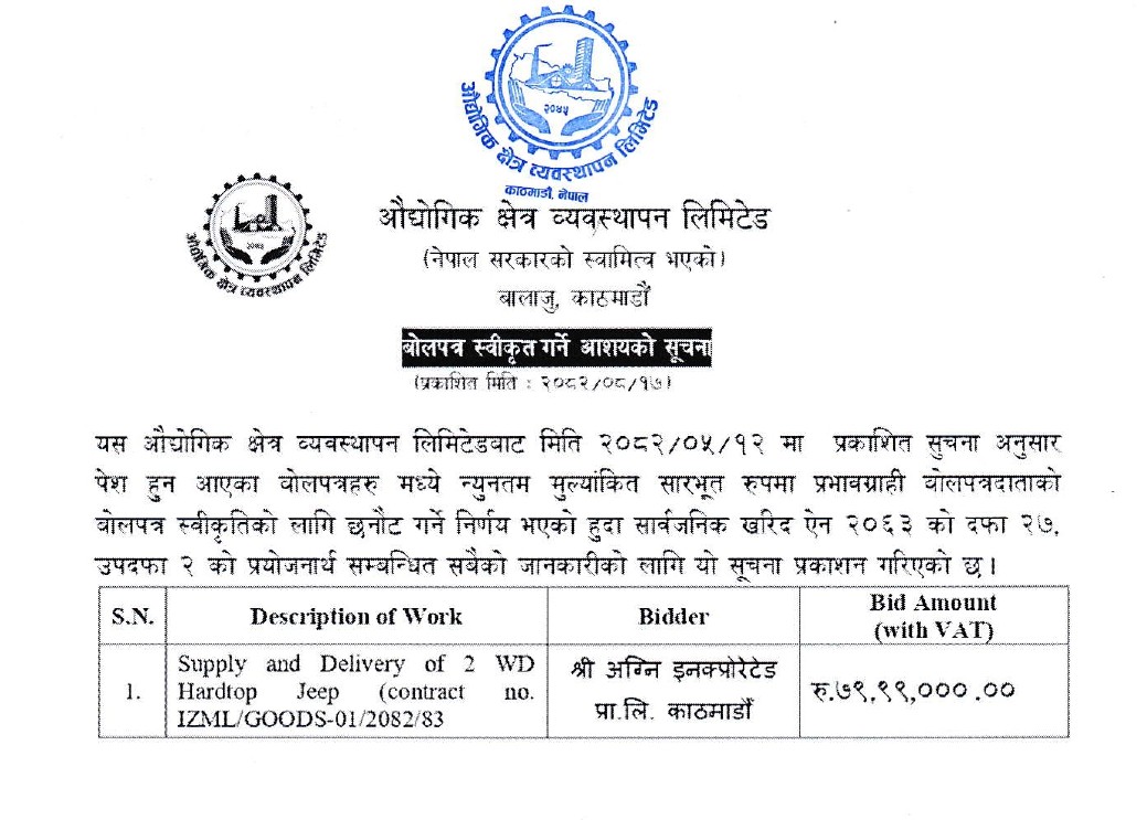 बोलपत्र स्वीकृत गर्ने आशयको सूचना प्रकाशित मिति २०८२।०८।१७ गते