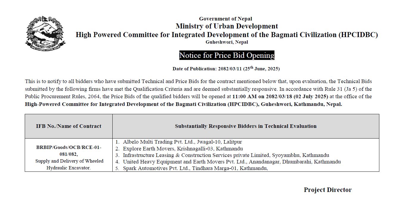 Notice for Price Bid Opening BRBIP/Goods/OCB/RCE-01-081/082