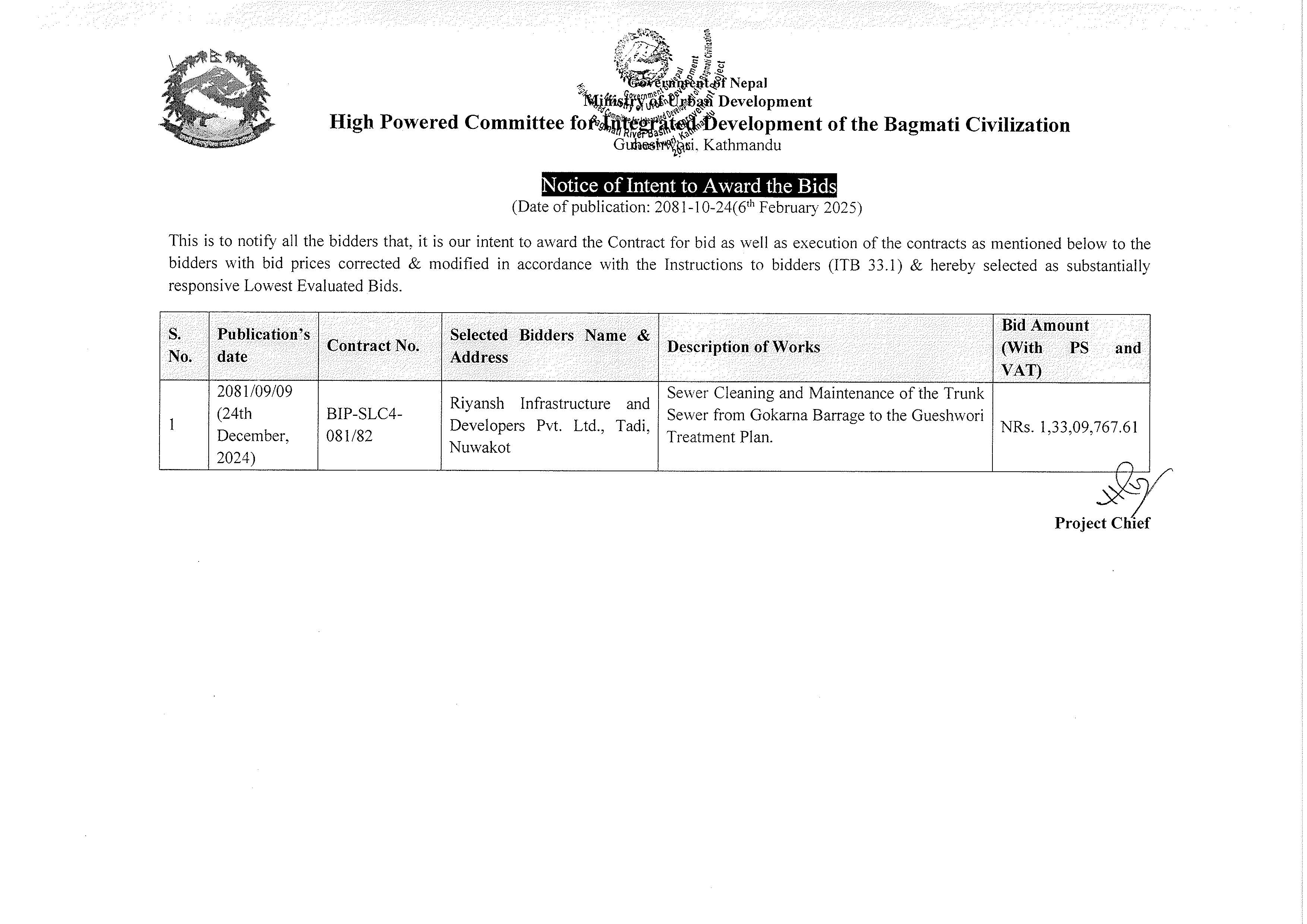 Notice of Intent to Award the Bids 2081/10/24