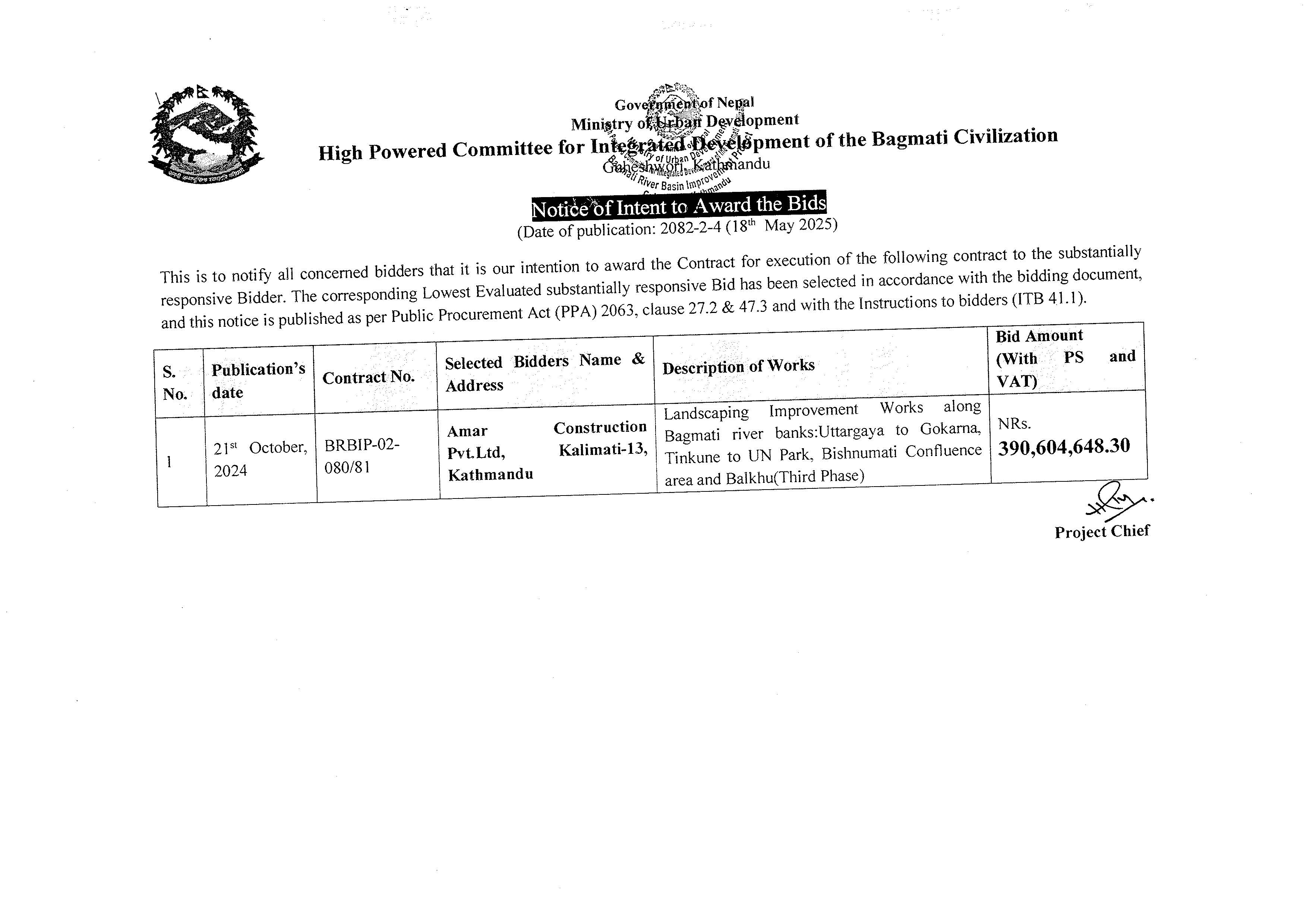 Notice of Intent to Award the Bids BRBIP-02- 080/81