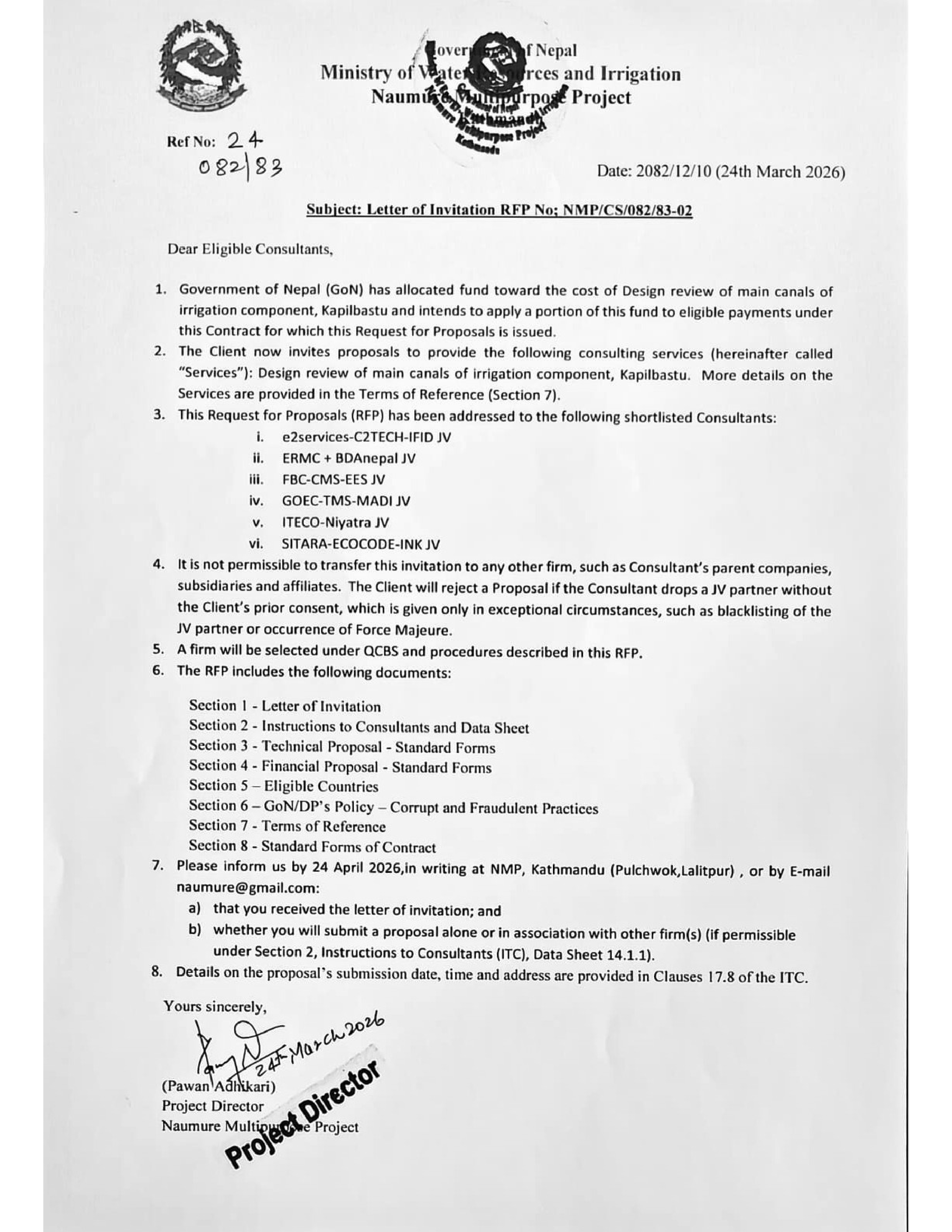Letter of Invitation RFP No., NMP/CS/082/83-02 (Issued on: 24 March, 2026)
