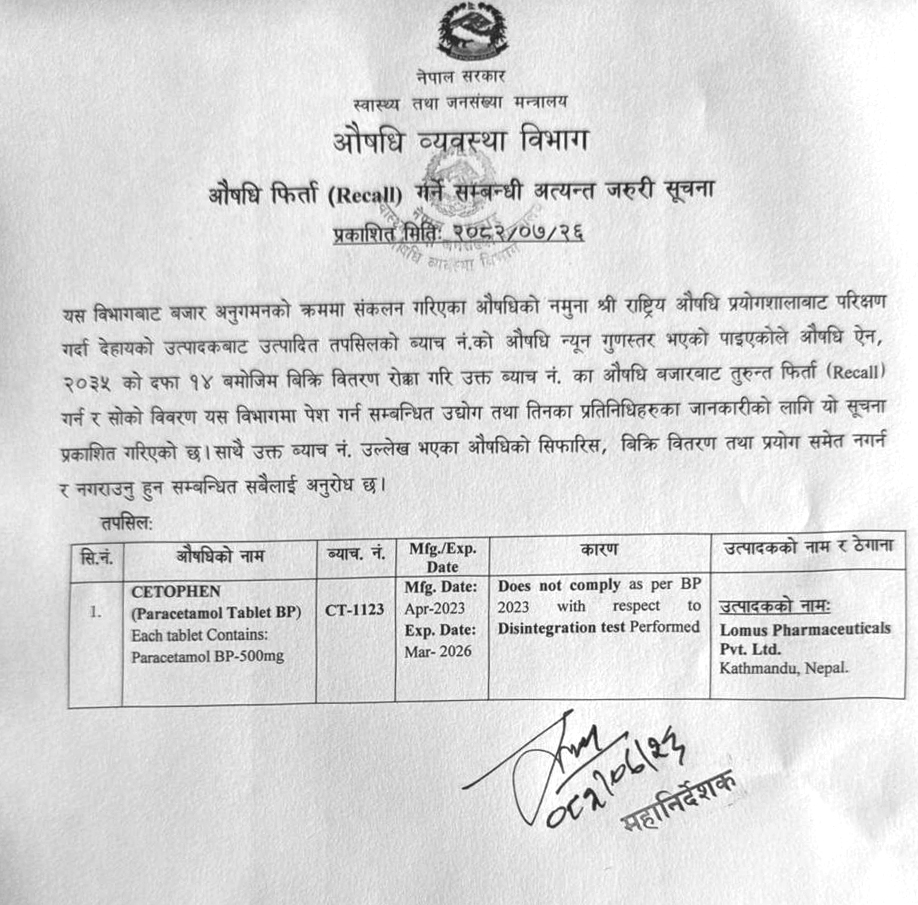 औषधि फिर्ता (RECALL) गर्ने सम्बन्धि अत्यन्त जरुरी सूचना - २०८२/०७/२६