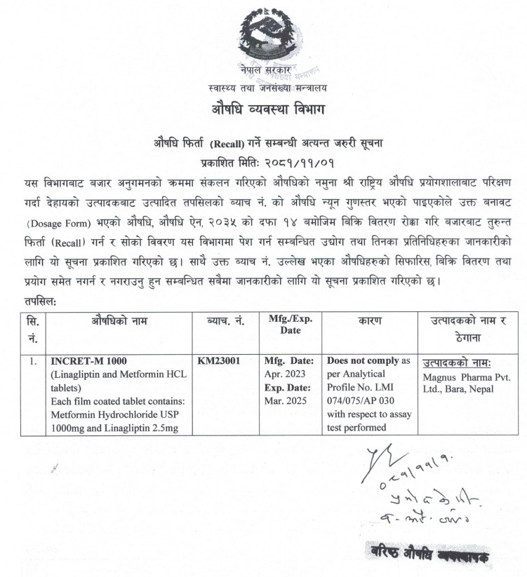 औषधि फिर्ता (RECALL) गर्ने सम्बन्धि अत्यन्त जरुरी सूचना - २०८१/११/०१