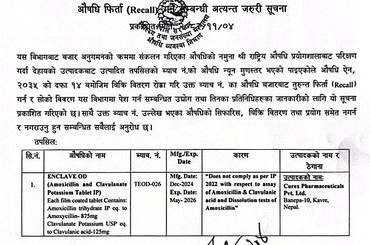 समाचार चित्र औषधि फिर्ता (RECALL) गर्ने सम्बन्धि अत्यन्त जरुरी सूचना - २०८२/११…