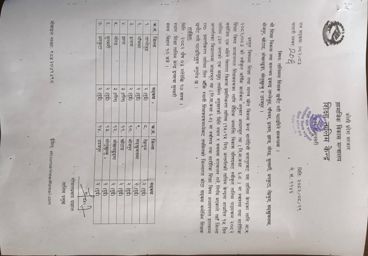 तालिममा सहभागी पठाइदिने सम्वन्धी अनुरोध पत्र ।