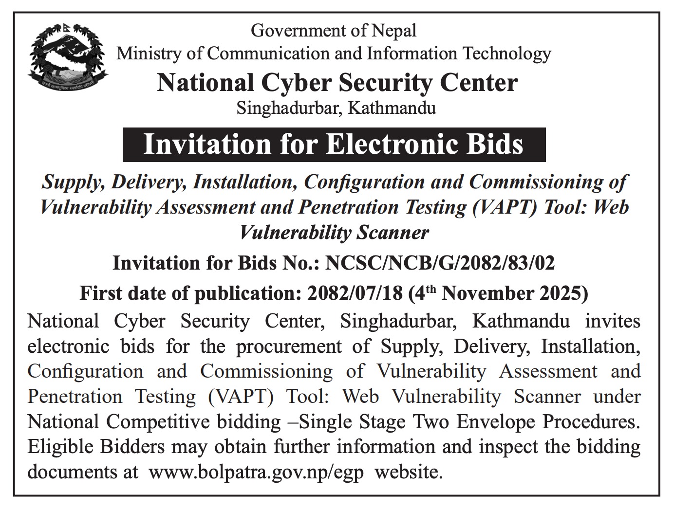 Invitation for Electronic Bids for VAPT